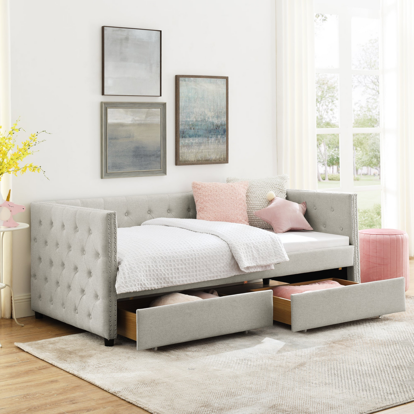 Patio Furntiure Sets | Upholstered Twin Size Daybed with Two Drawers, with Button and Copper Nail on Square Arms, Beige (82.75''x43''x30.75'') | casafoyer.myshopify.com