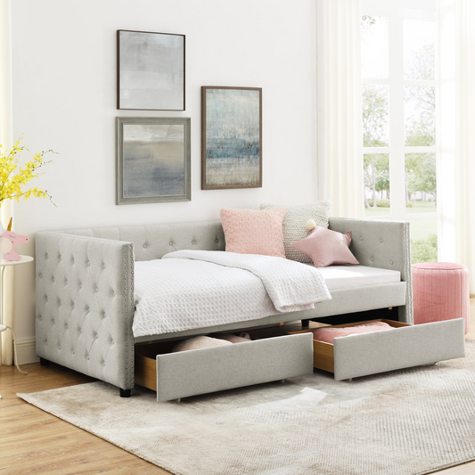 Patio Furntiure Sets | Upholstered Twin Size Daybed with Two Drawers, with Button and Copper Nail on Square Arms, Beige (82.75''x43''x30.75'') | casafoyer.myshopify.com