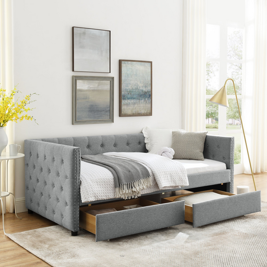 Patio Furntiure Sets | Upholstered Twin Size Daybed with Two Drawers, with Button and Copper Nail on Square Arms, Grey (82.75''x43''x30.75'') | casafoyer.myshopify.com