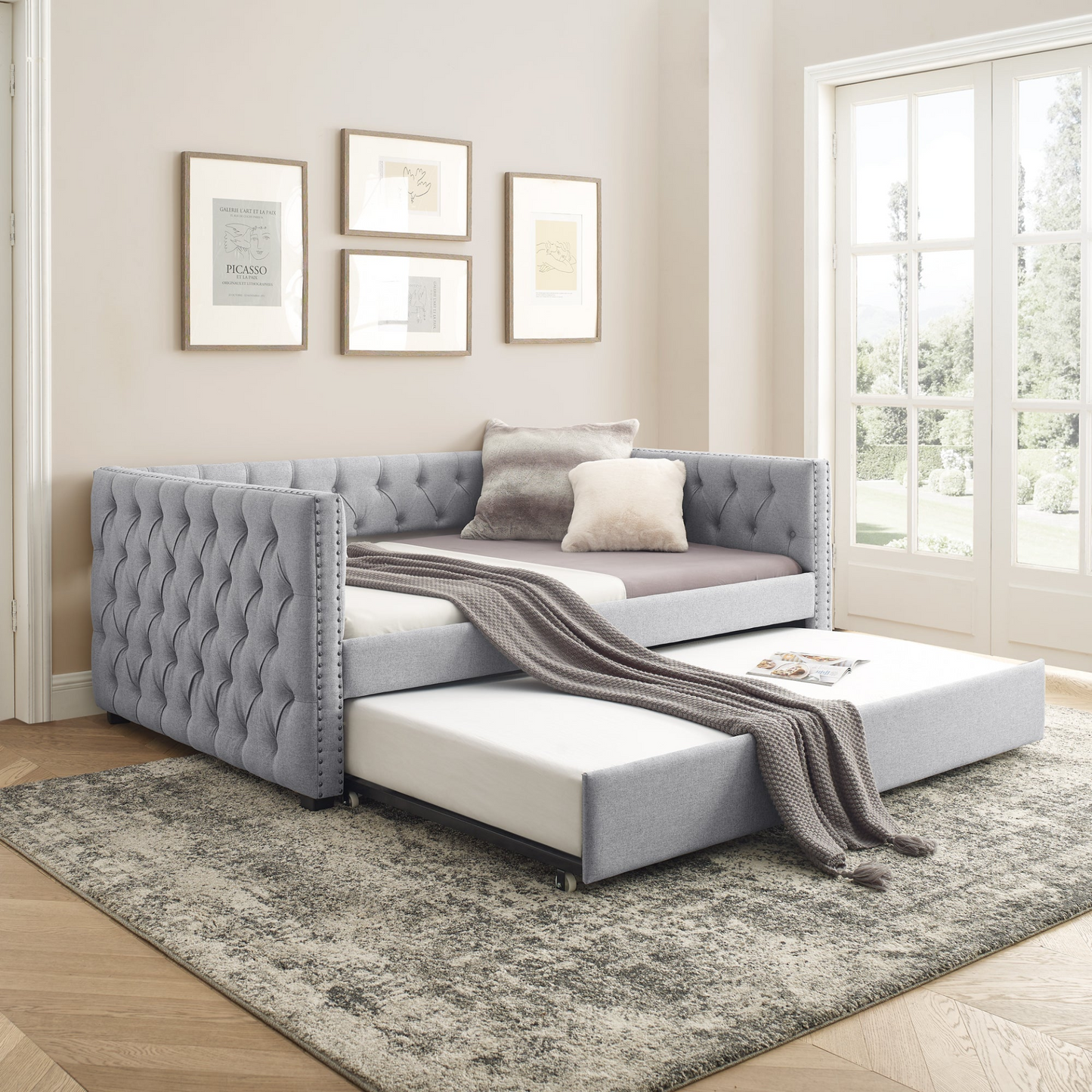 Patio Furntiure Sets | Daybed with Trundle Upholstered Tufted Sofa Bed, Grey | Shop Now | casafoyer.myshopify.com