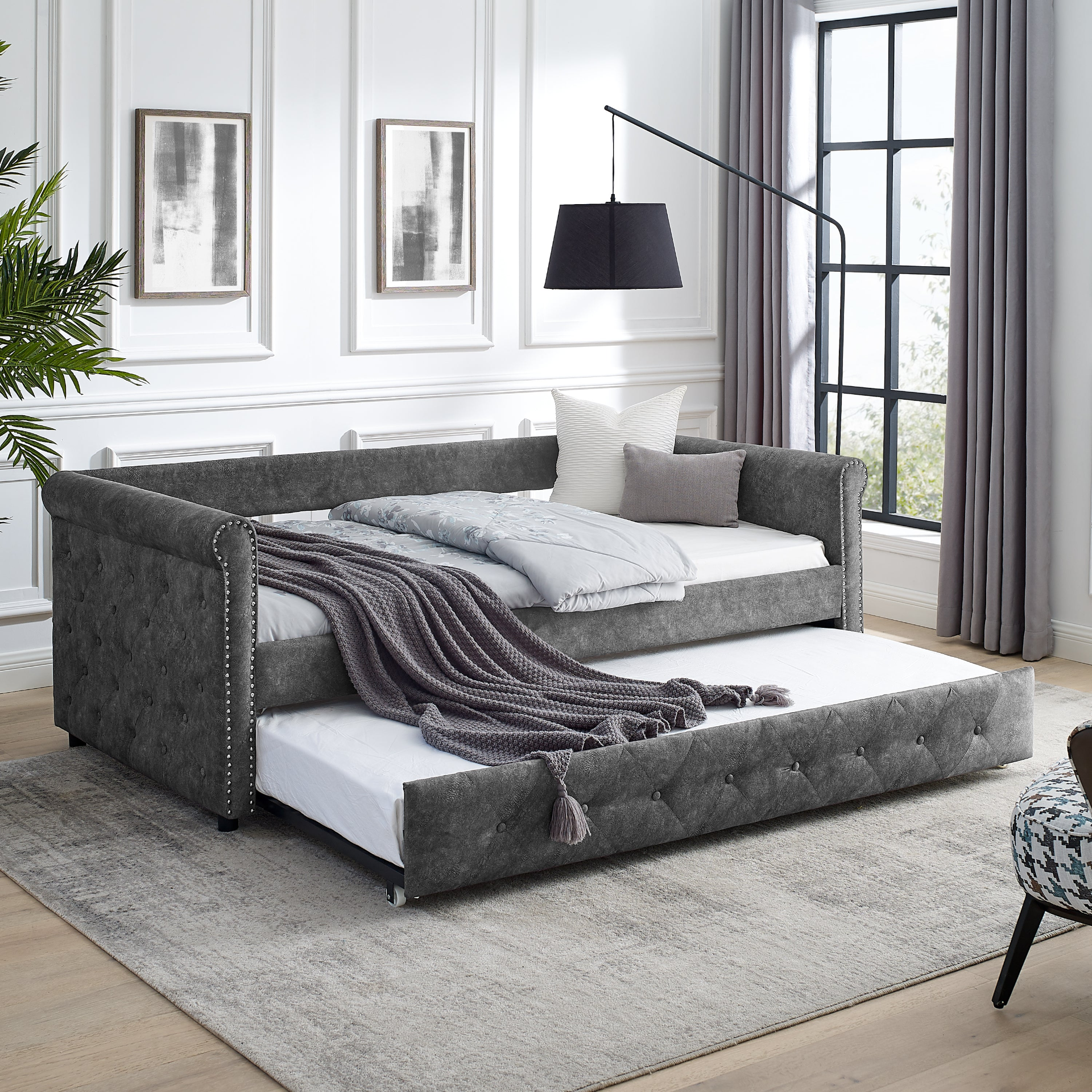 Patio Furntiure Sets | Daybed with Trundle Upholstered Tufted Sofa Bed,with Button and Copper Nail on Arms,both Twin Size,Grey(85.5x42x30.5) | casafoyer.myshopify.com