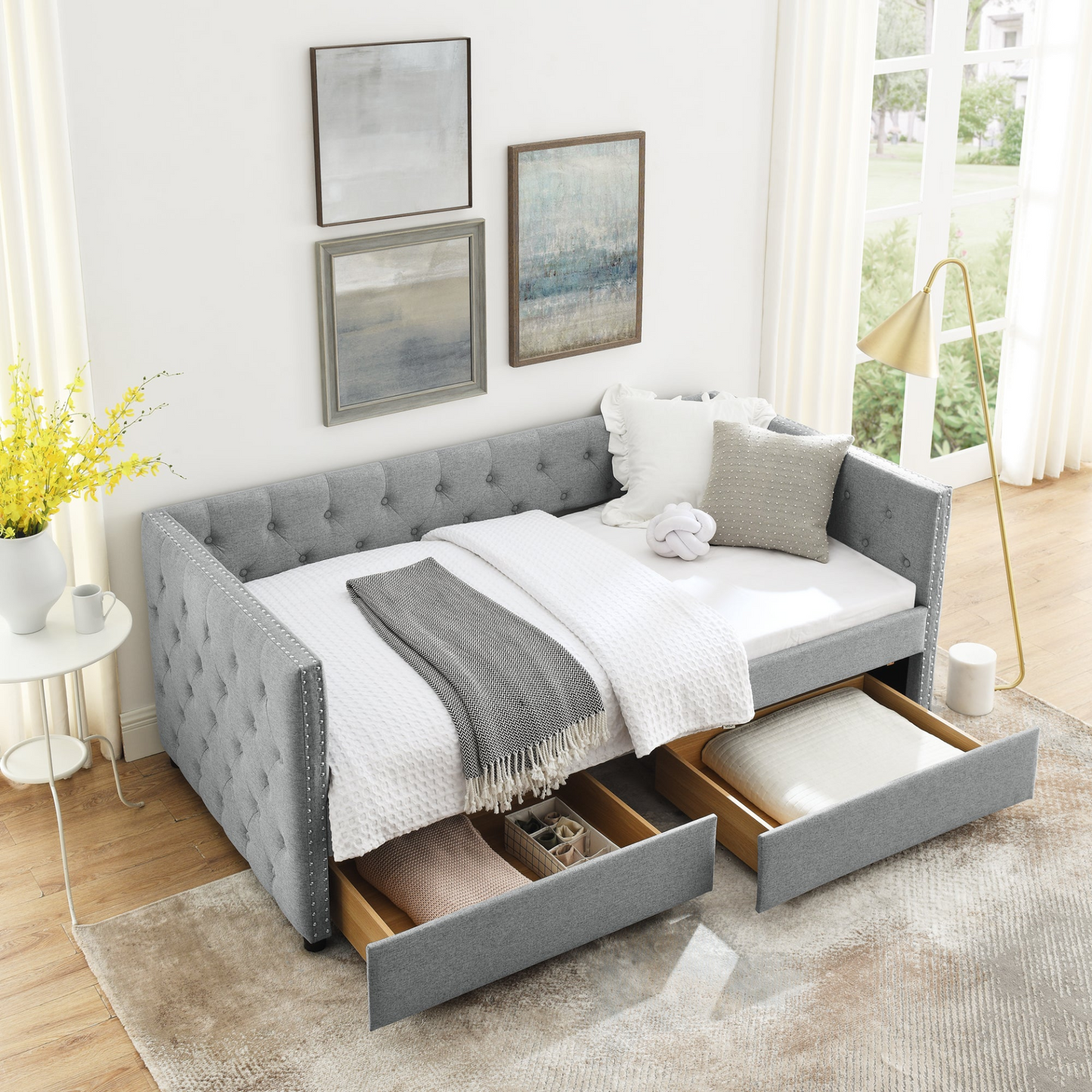 Patio Furntiure Sets | Upholstered Twin Size Daybed with Two Drawers, with Button and Copper Nail on Square Arms, Grey (82.75''x43''x30.75'') | casafoyer.myshopify.com