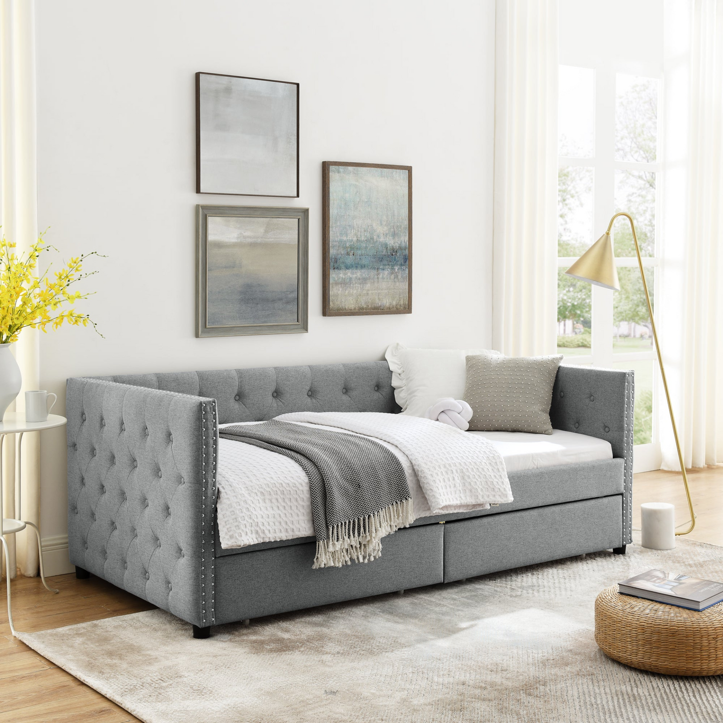 Patio Furntiure Sets | Upholstered Twin Size Daybed with Two Drawers, with Button and Copper Nail on Square Arms, Grey (82.75''x43''x30.75'') | casafoyer.myshopify.com