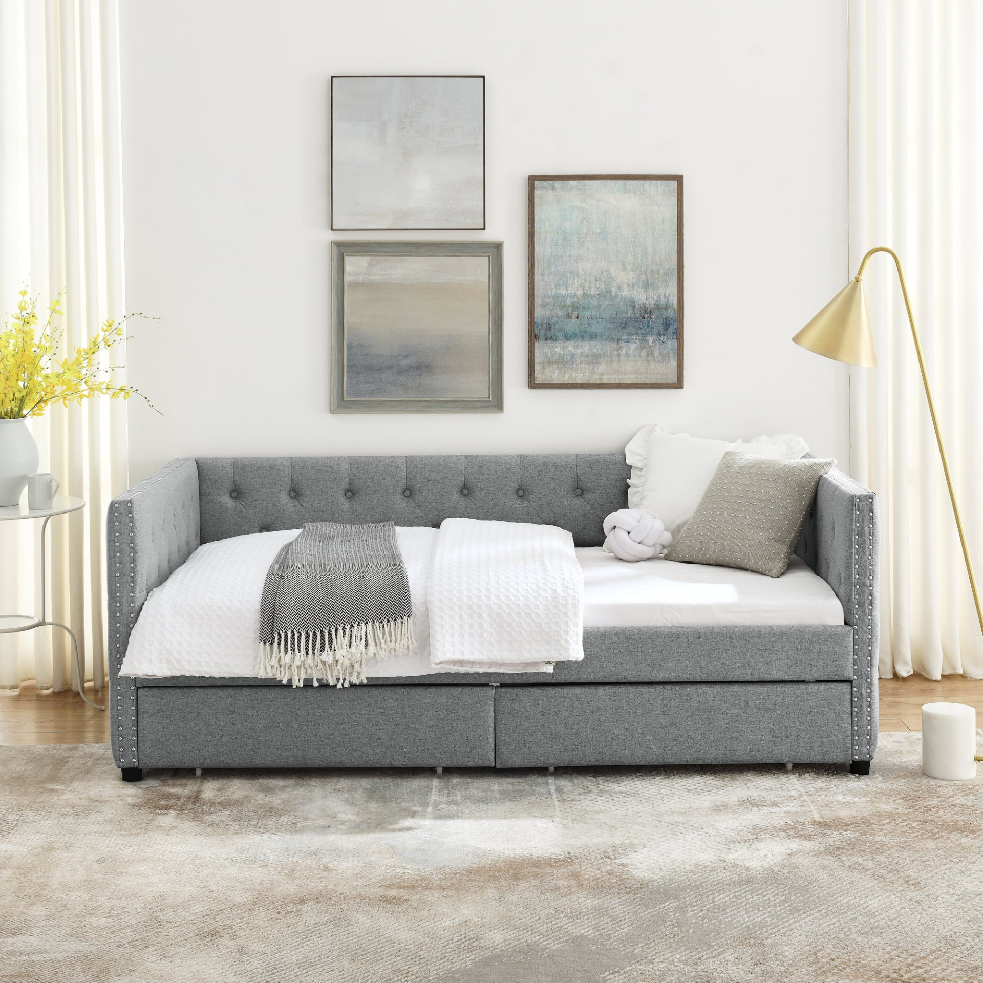 Patio Furntiure Sets | Upholstered Twin Size Daybed with Two Drawers, with Button and Copper Nail on Square Arms, Grey (82.75''x43''x30.75'') | casafoyer.myshopify.com