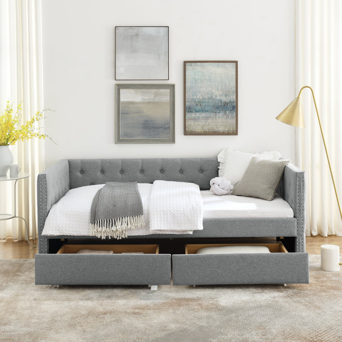 Patio Furntiure Sets | Upholstered Twin Size Daybed with Two Drawers, with Button and Copper Nail on Square Arms, Grey (82.75''x43''x30.75'') | casafoyer.myshopify.com