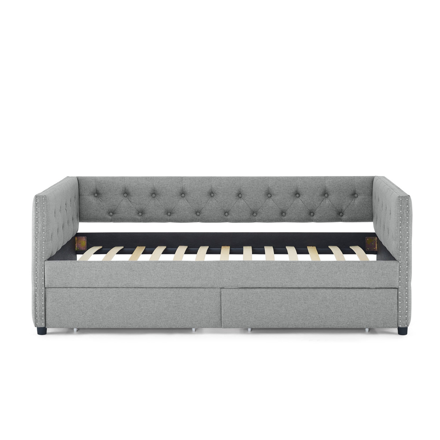 Patio Furntiure Sets | Upholstered Twin Size Daybed with Two Drawers, with Button and Copper Nail on Square Arms, Grey (82.75''x43''x30.75'') | casafoyer.myshopify.com