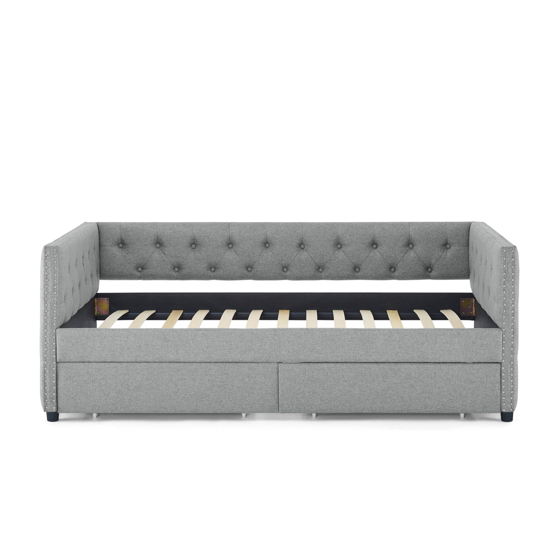 Patio Furntiure Sets | Upholstered Twin Size Daybed with Two Drawers, with Button and Copper Nail on Square Arms, Grey (82.75''x43''x30.75'') | casafoyer.myshopify.com