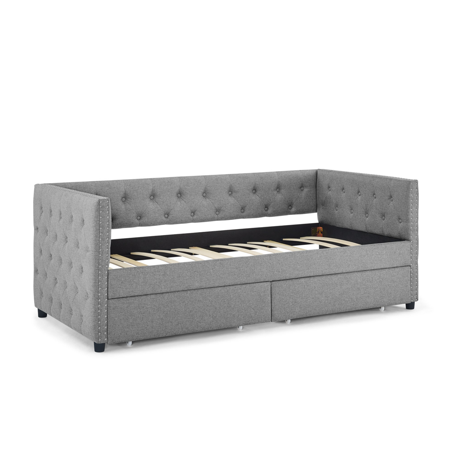 Patio Furntiure Sets | Upholstered Twin Size Daybed with Two Drawers, with Button and Copper Nail on Square Arms, Grey (82.75''x43''x30.75'') | casafoyer.myshopify.com