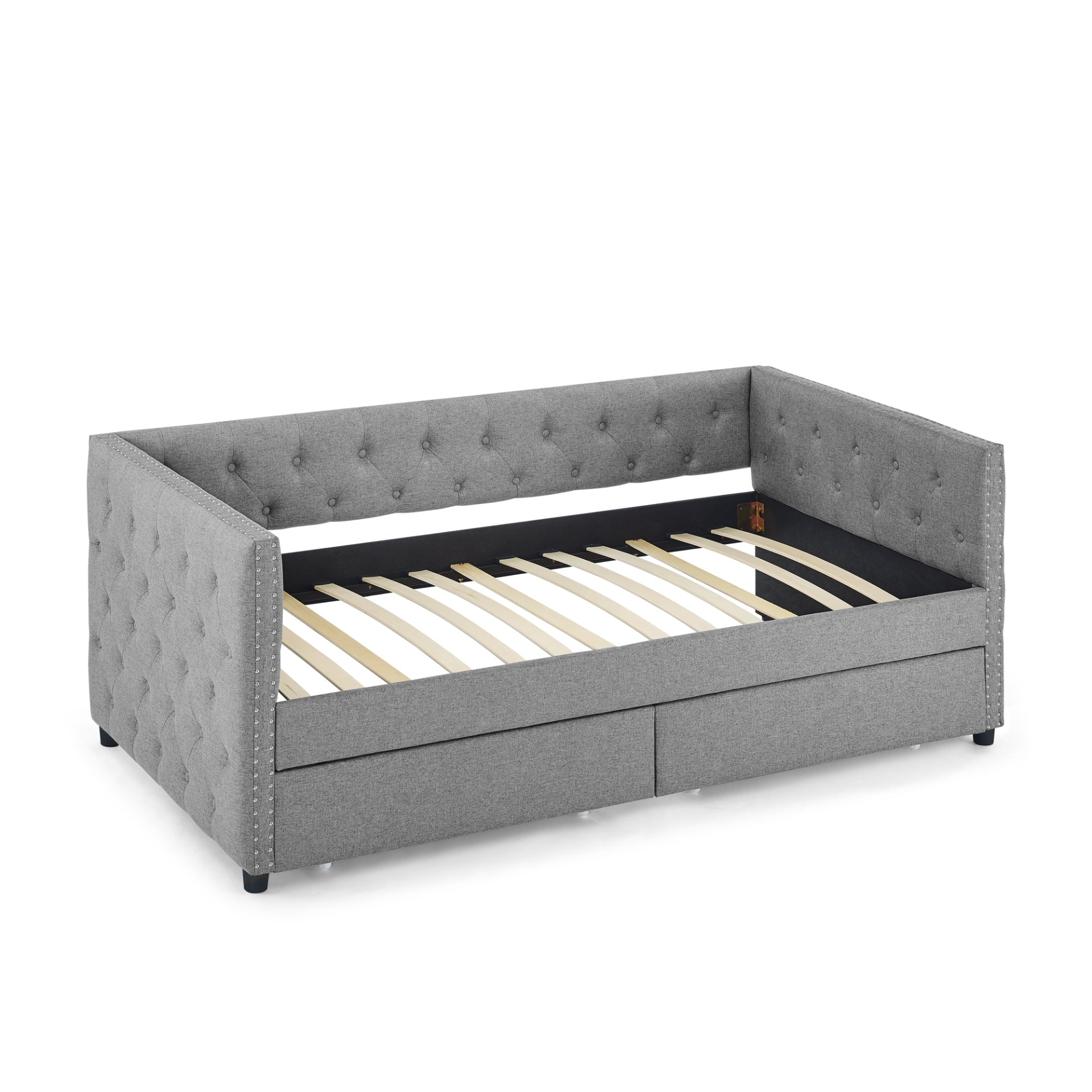 Patio Furntiure Sets | Upholstered Twin Size Daybed with Two Drawers, with Button and Copper Nail on Square Arms, Grey (82.75''x43''x30.75'') | casafoyer.myshopify.com