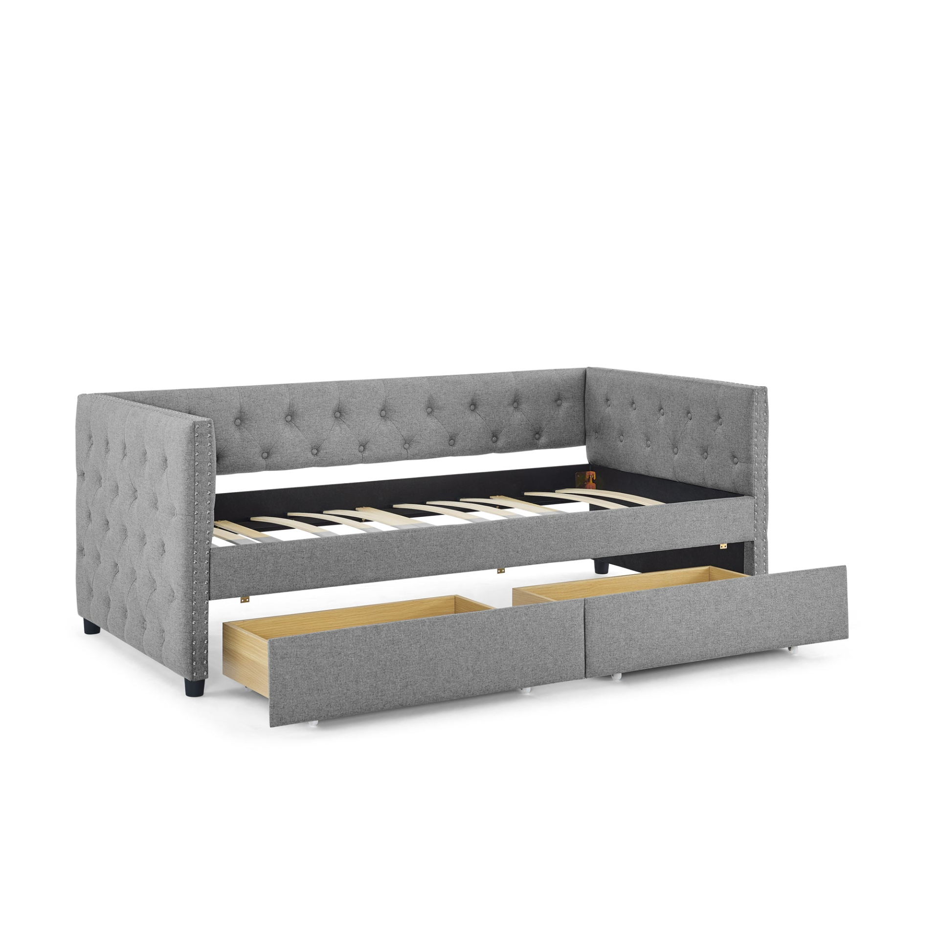 Patio Furntiure Sets | Upholstered Twin Size Daybed with Two Drawers, with Button and Copper Nail on Square Arms, Grey (82.75''x43''x30.75'') | casafoyer.myshopify.com