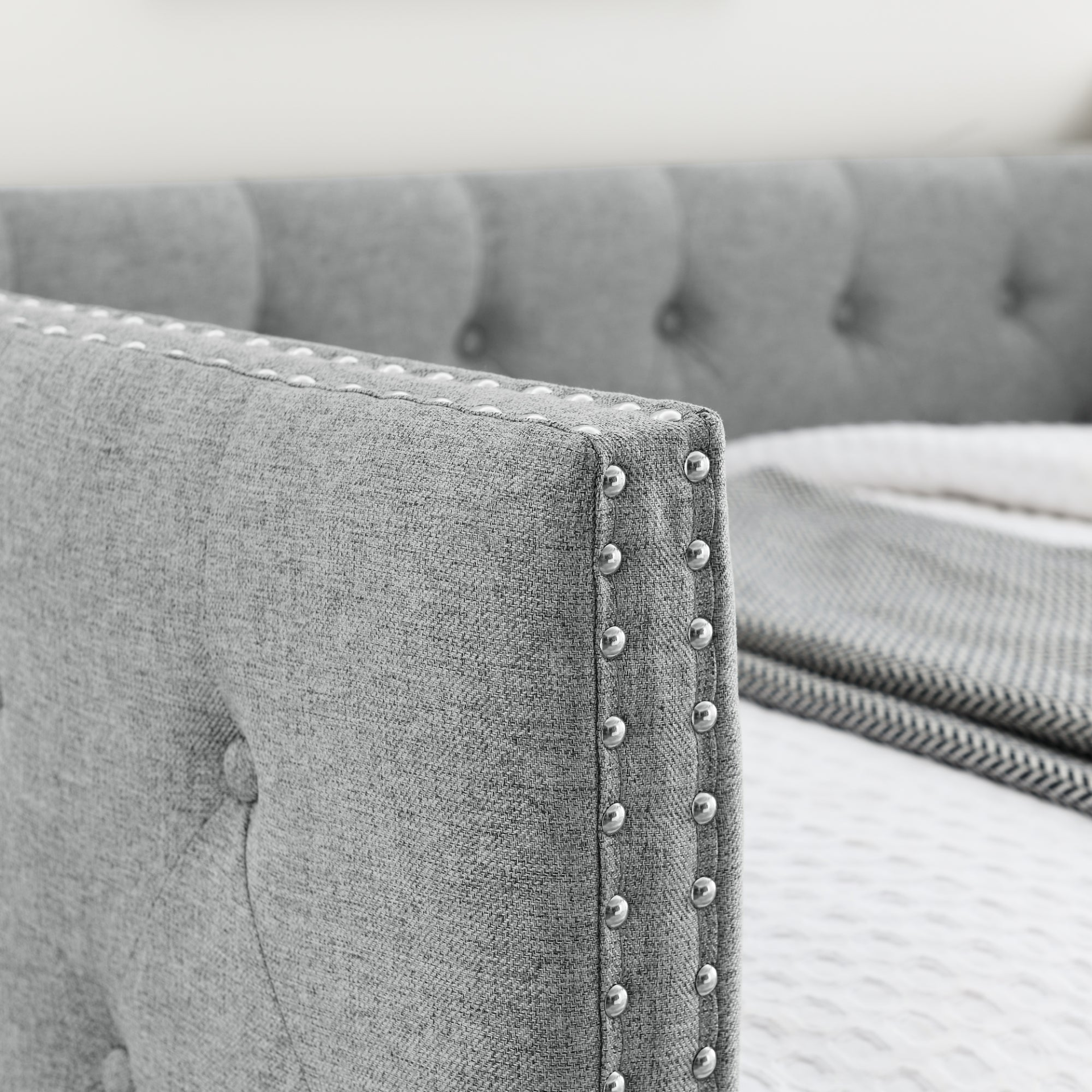 Patio Furntiure Sets | Upholstered Twin Size Daybed with Two Drawers, with Button and Copper Nail on Square Arms, Grey (82.75''x43''x30.75'') | casafoyer.myshopify.com