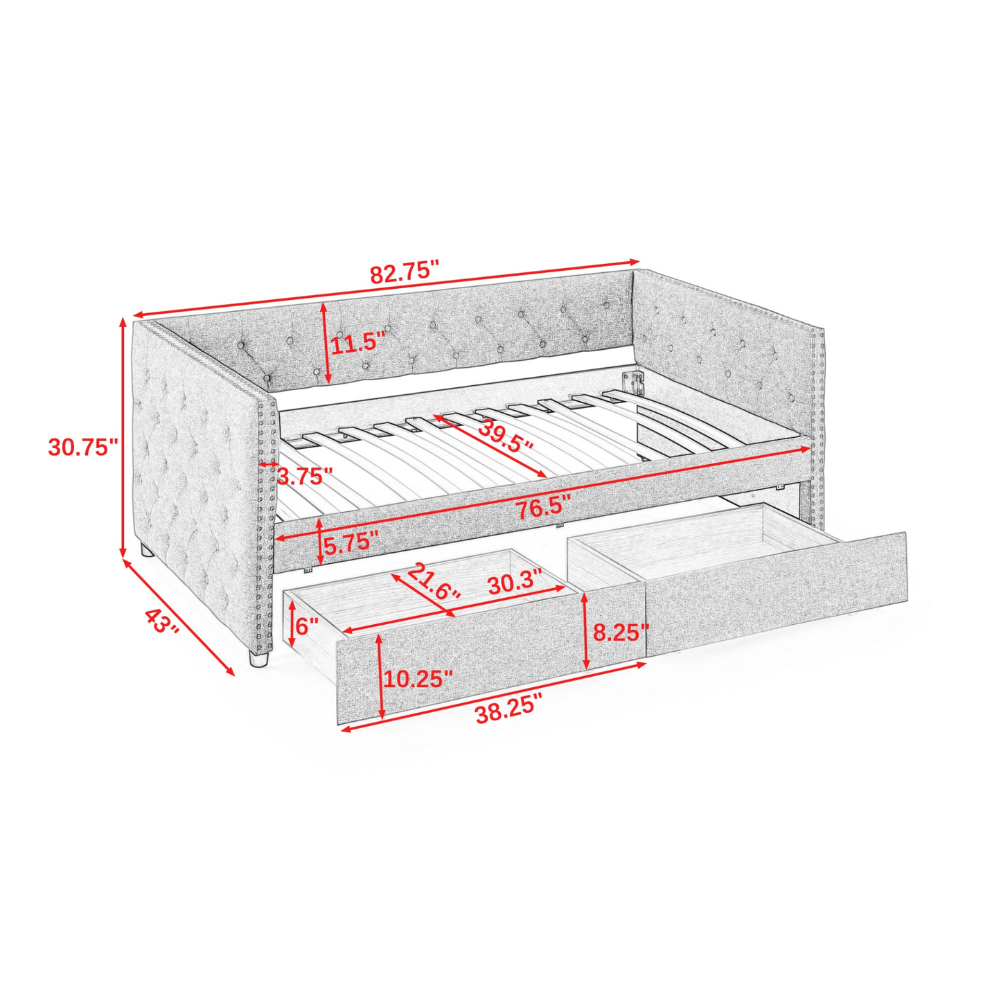 Patio Furntiure Sets | Upholstered Twin Size Daybed with Two Drawers, with Button and Copper Nail on Square Arms, Grey (82.75''x43''x30.75'') | casafoyer.myshopify.com