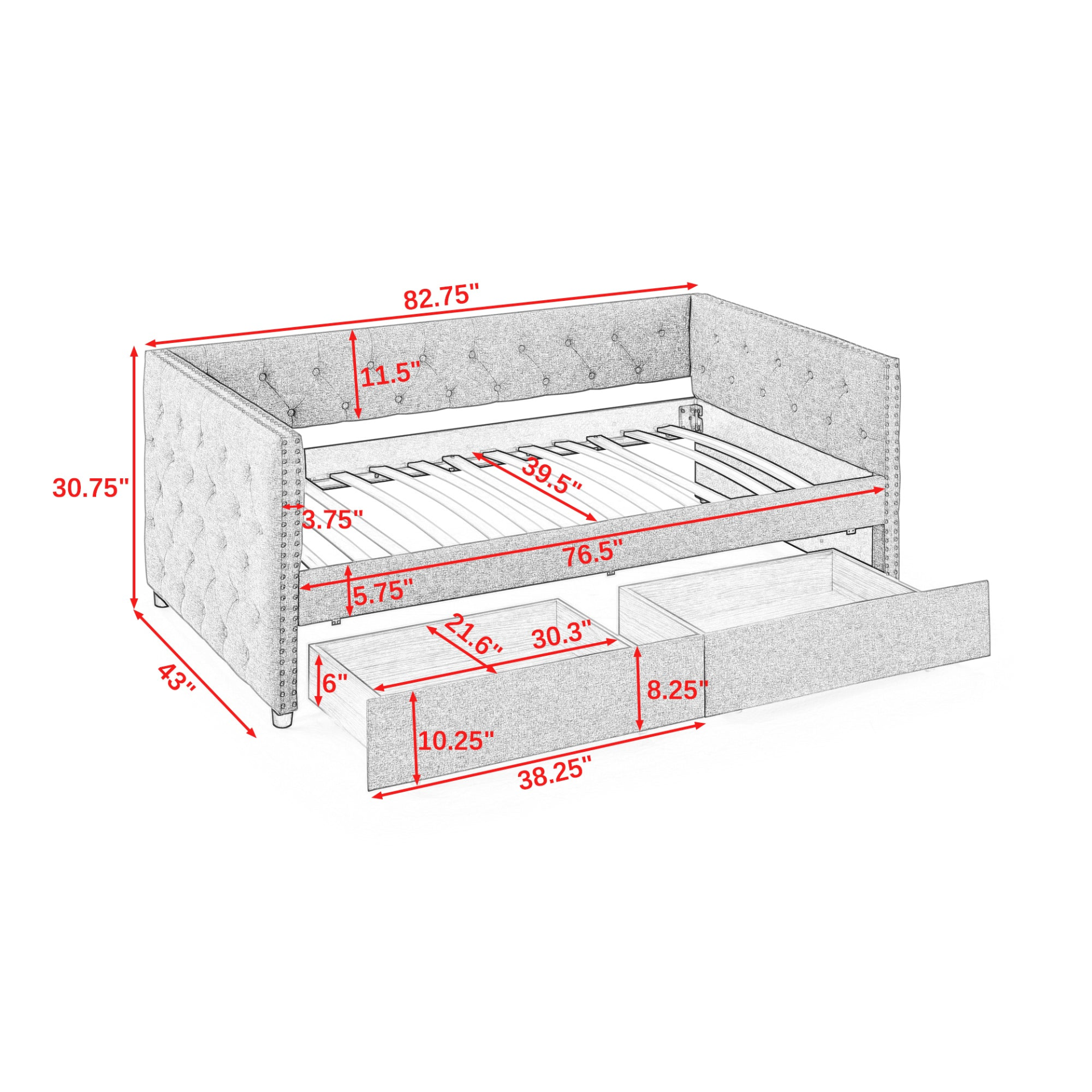 Patio Furntiure Sets | Upholstered Twin Size Daybed with Two Drawers, with Button and Copper Nail on Square Arms, Grey (82.75''x43''x30.75'') | casafoyer.myshopify.com