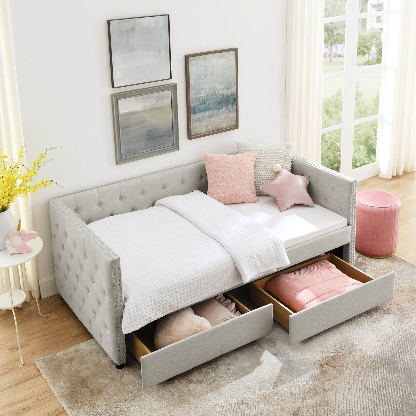 Patio Furntiure Sets | Upholstered Twin Size Daybed with Two Drawers, with Button and Copper Nail on Square Arms, Beige (82.75''x43''x30.75'') | casafoyer.myshopify.com