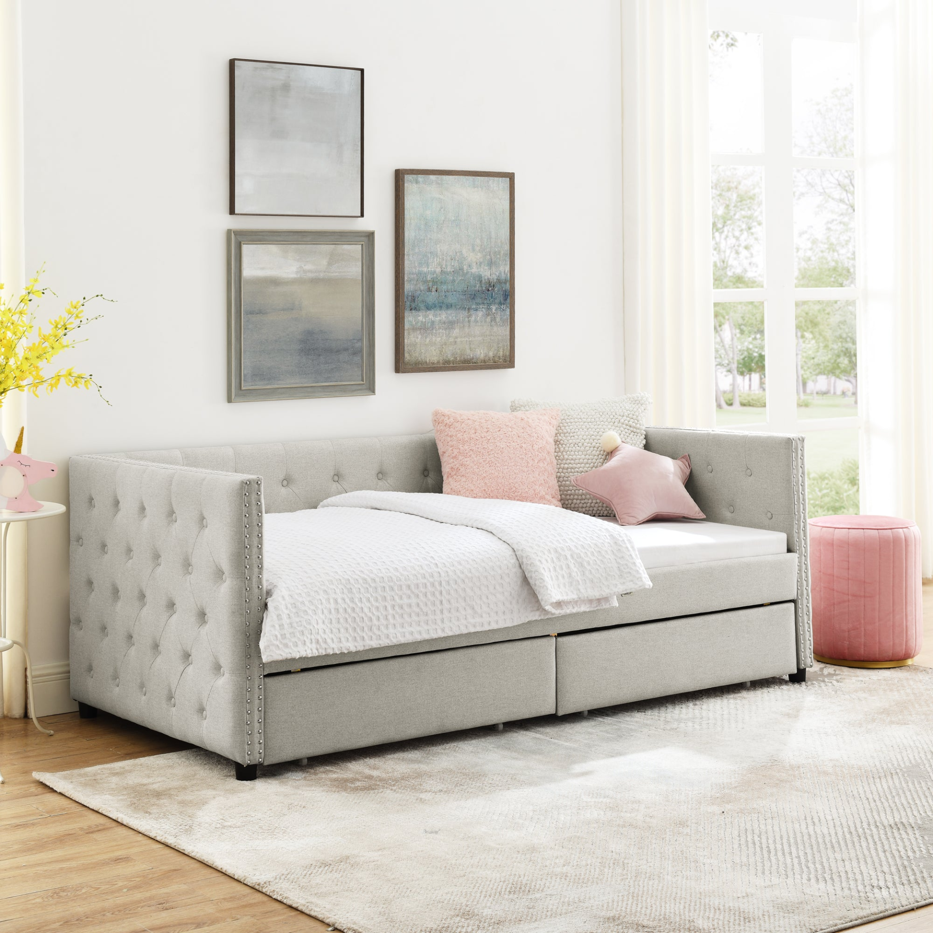 Patio Furntiure Sets | Upholstered Twin Size Daybed with Two Drawers, with Button and Copper Nail on Square Arms, Beige (82.75''x43''x30.75'') | casafoyer.myshopify.com