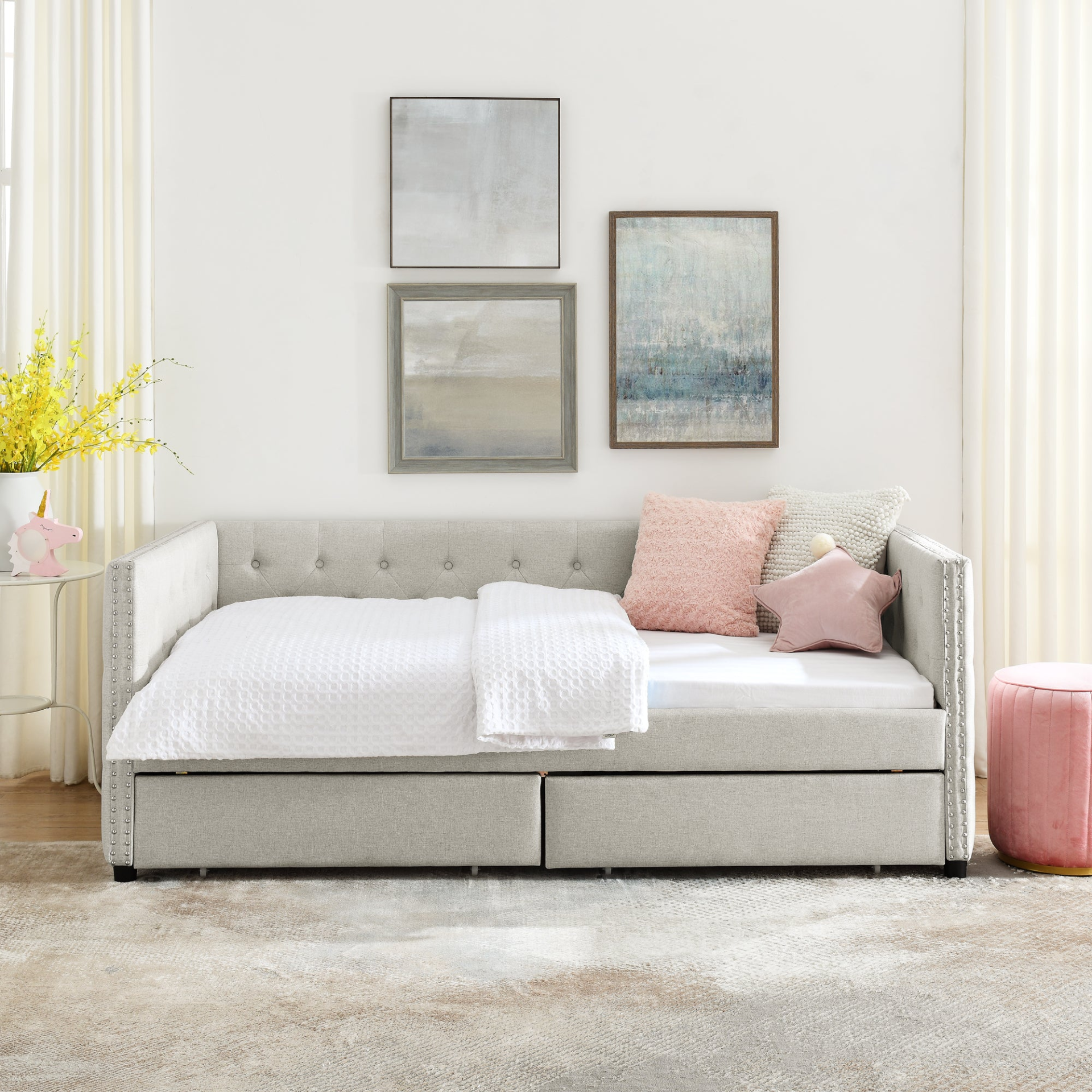 Patio Furntiure Sets | Upholstered Twin Size Daybed with Two Drawers, with Button and Copper Nail on Square Arms, Beige (82.75''x43''x30.75'') | casafoyer.myshopify.com