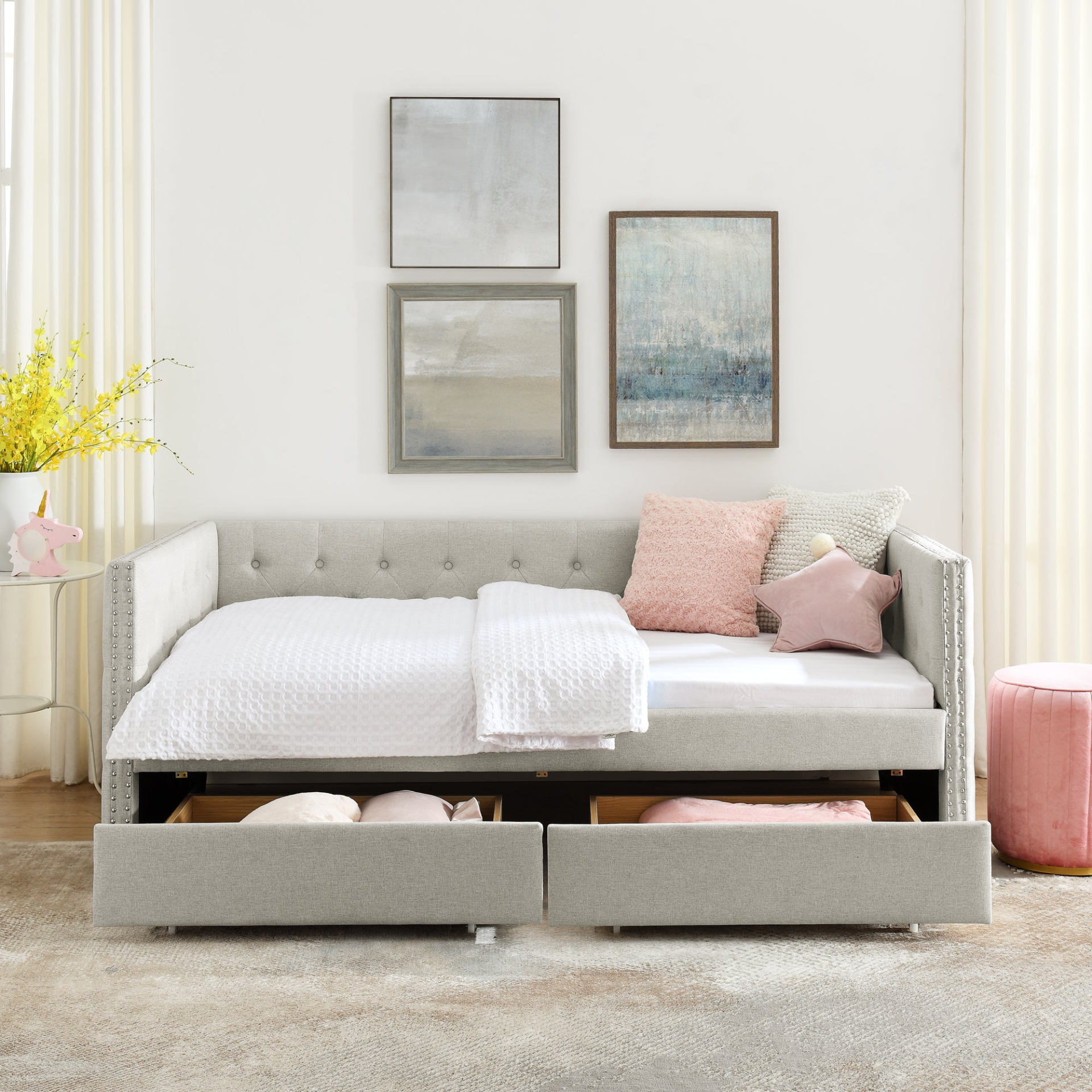 Patio Furntiure Sets | Upholstered Twin Size Daybed with Two Drawers, with Button and Copper Nail on Square Arms, Beige (82.75''x43''x30.75'') | casafoyer.myshopify.com