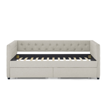 Patio Furntiure Sets | Upholstered Twin Size Daybed with Two Drawers, with Button and Copper Nail on Square Arms, Beige (82.75''x43''x30.75'') | casafoyer.myshopify.com