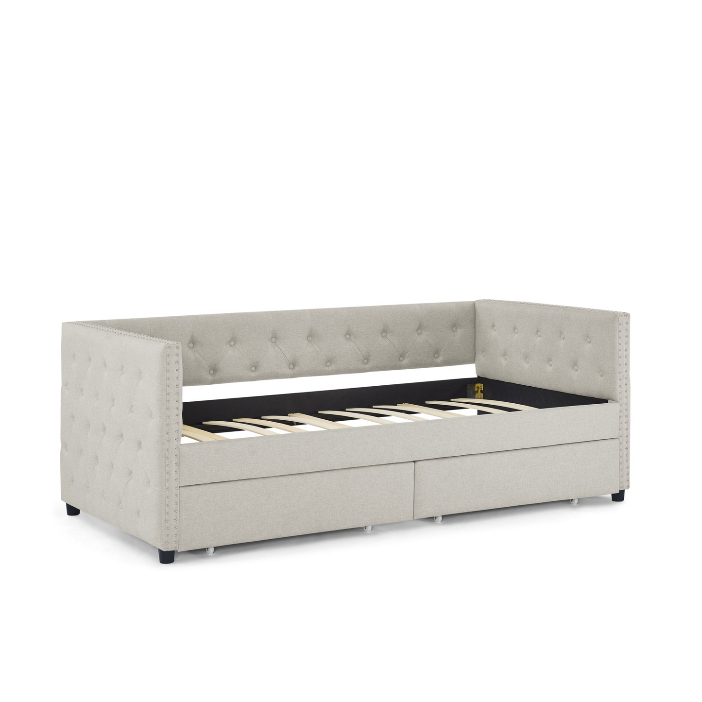 Patio Furntiure Sets | Upholstered Twin Size Daybed with Two Drawers, with Button and Copper Nail on Square Arms, Beige (82.75''x43''x30.75'') | casafoyer.myshopify.com