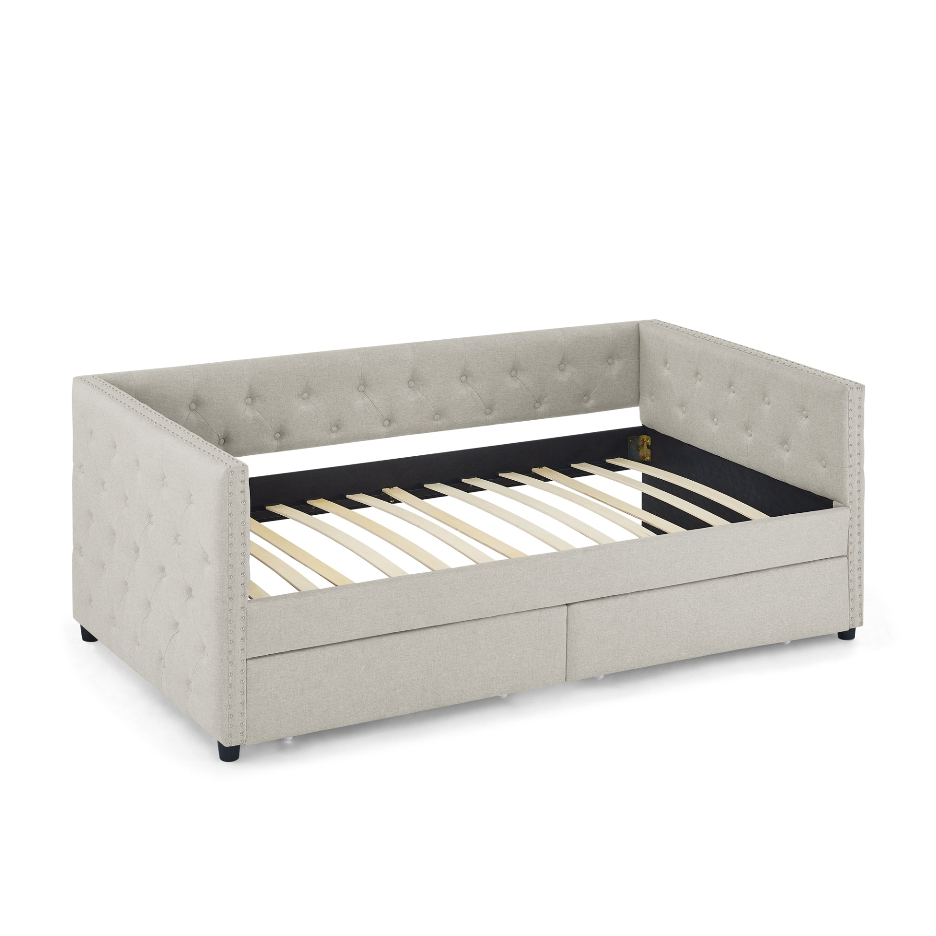 Patio Furntiure Sets | Upholstered Twin Size Daybed with Two Drawers, with Button and Copper Nail on Square Arms, Beige (82.75''x43''x30.75'') | casafoyer.myshopify.com