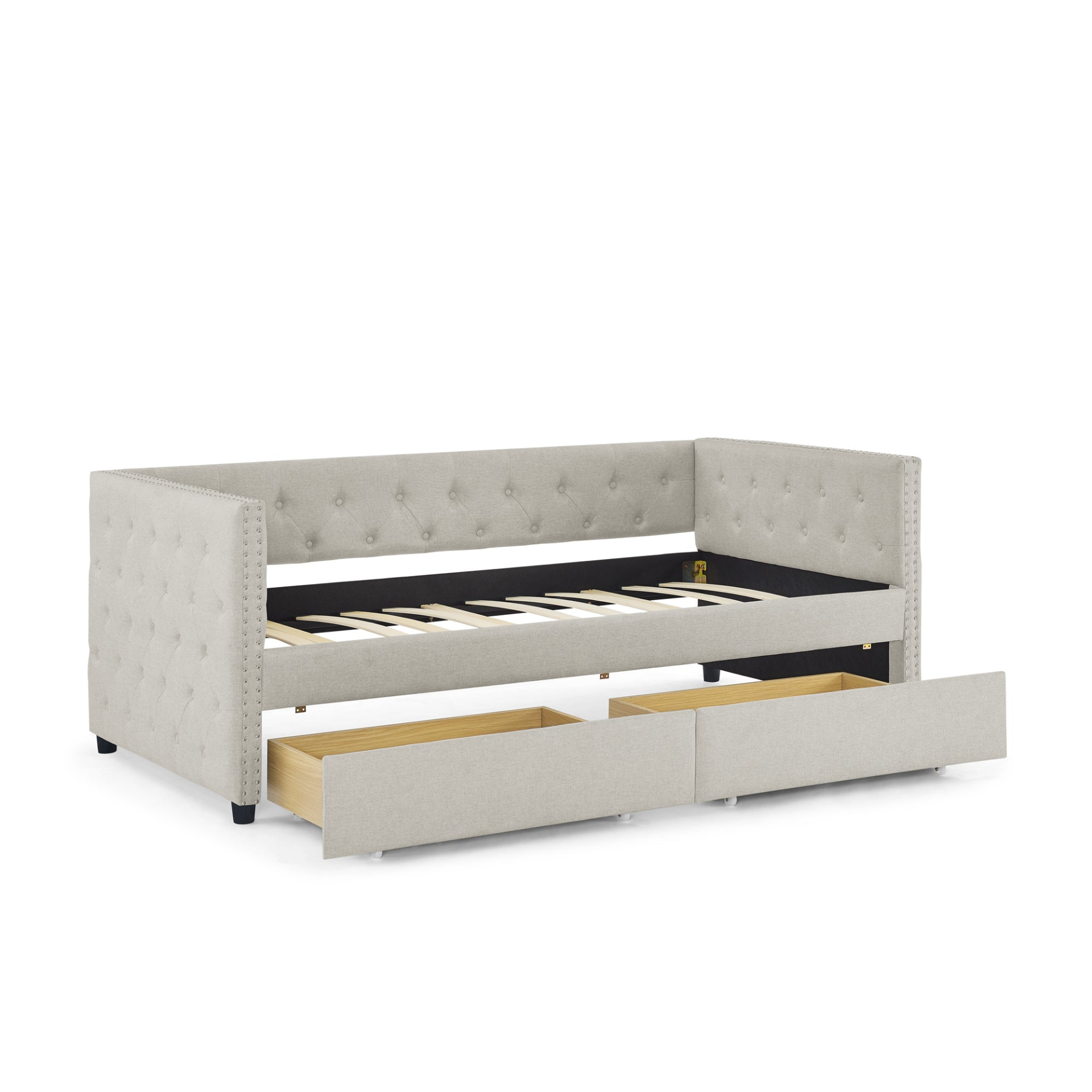 Patio Furntiure Sets | Upholstered Twin Size Daybed with Two Drawers, with Button and Copper Nail on Square Arms, Beige (82.75''x43''x30.75'') | casafoyer.myshopify.com