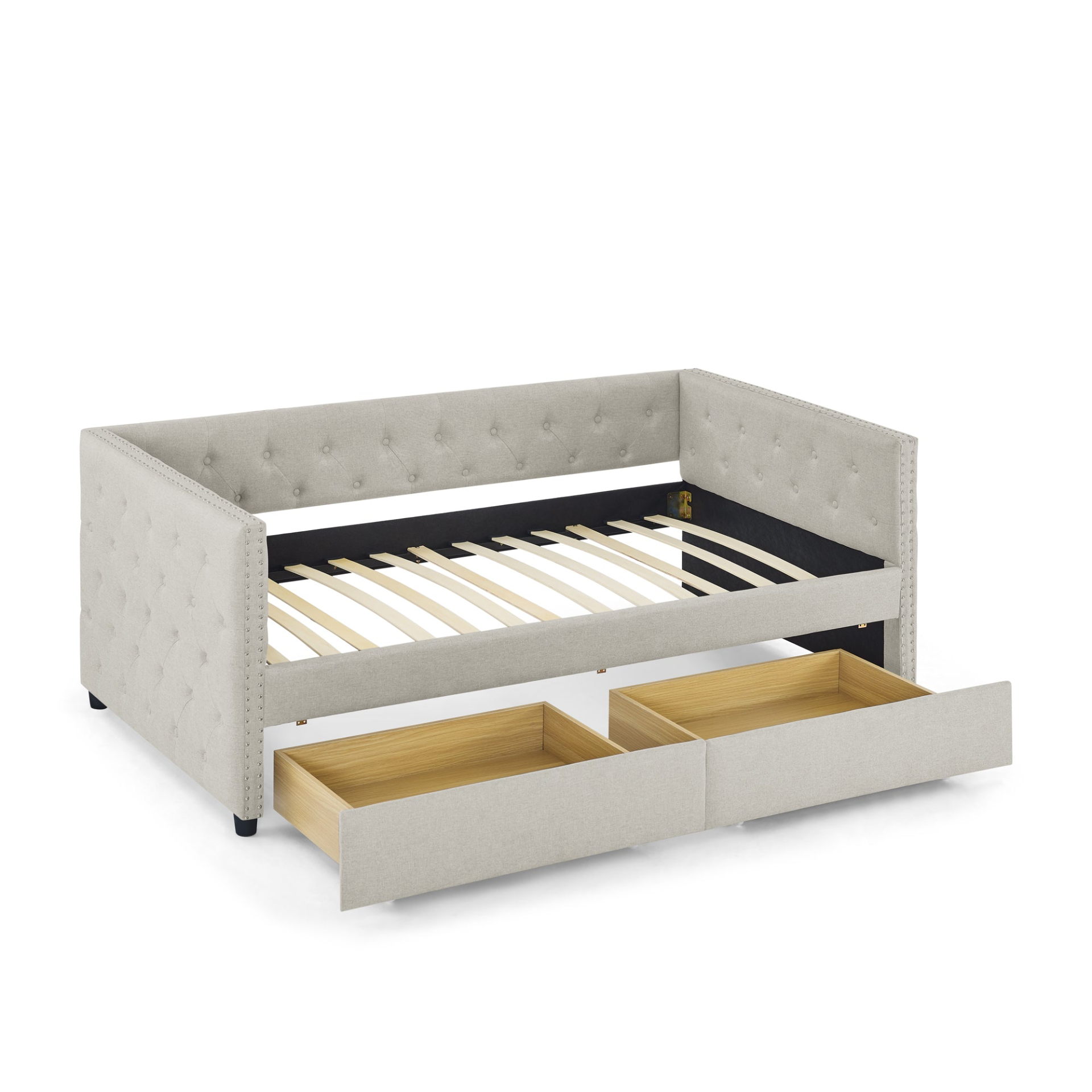 Patio Furntiure Sets | Upholstered Twin Size Daybed with Two Drawers, with Button and Copper Nail on Square Arms, Beige (82.75''x43''x30.75'') | casafoyer.myshopify.com