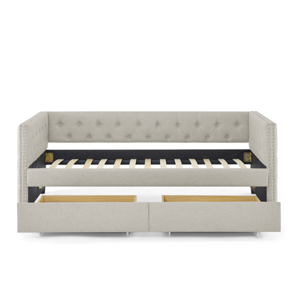 Patio Furntiure Sets | Upholstered Twin Size Daybed with Two Drawers, with Button and Copper Nail on Square Arms, Beige (82.75''x43''x30.75'') | casafoyer.myshopify.com