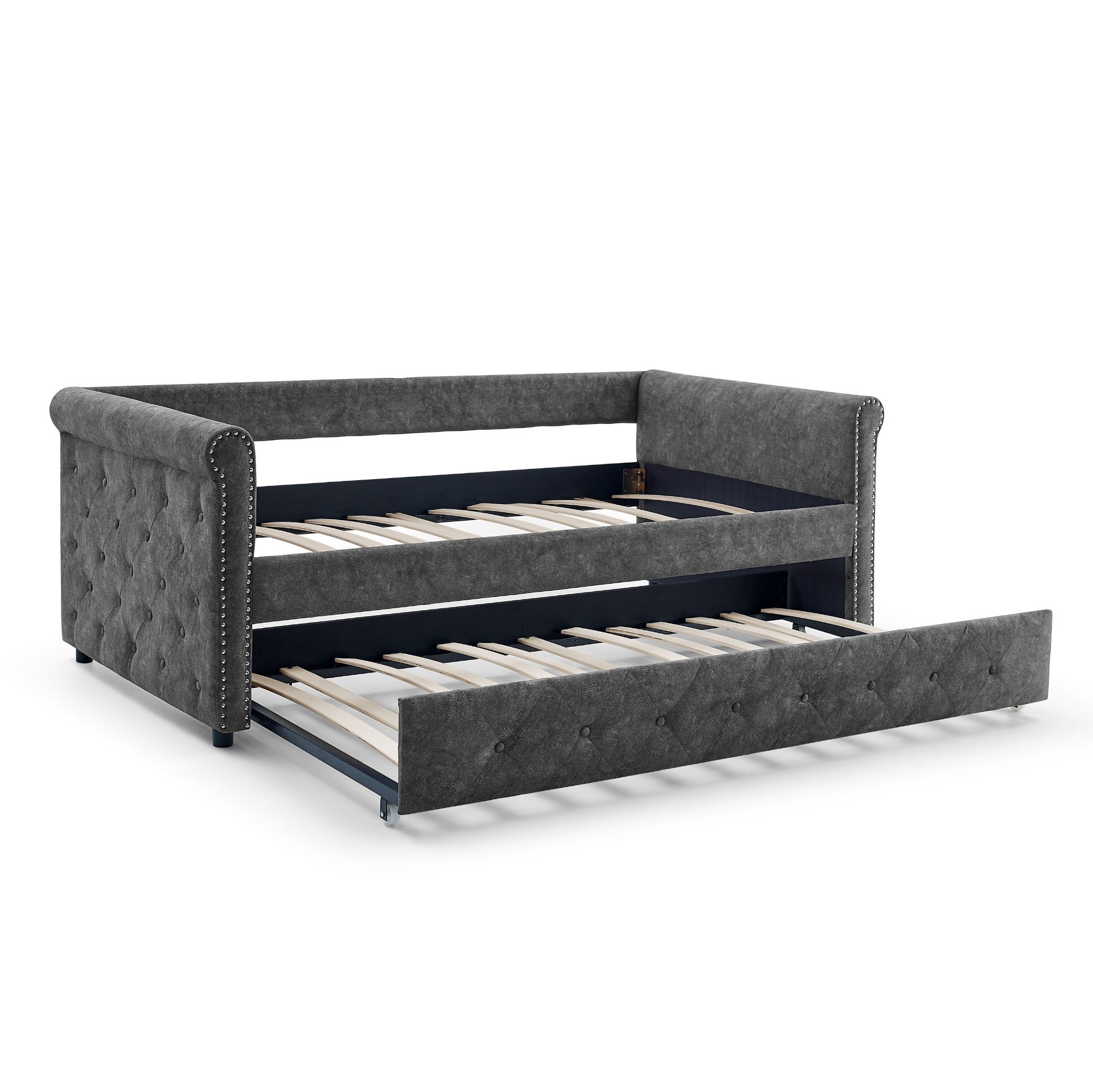 Patio Furntiure Sets | Daybed with Trundle Upholstered Tufted Sofa Bed,with Button and Copper Nail on Arms,both Twin Size,Grey(85.5x42x30.5) | casafoyer.myshopify.com