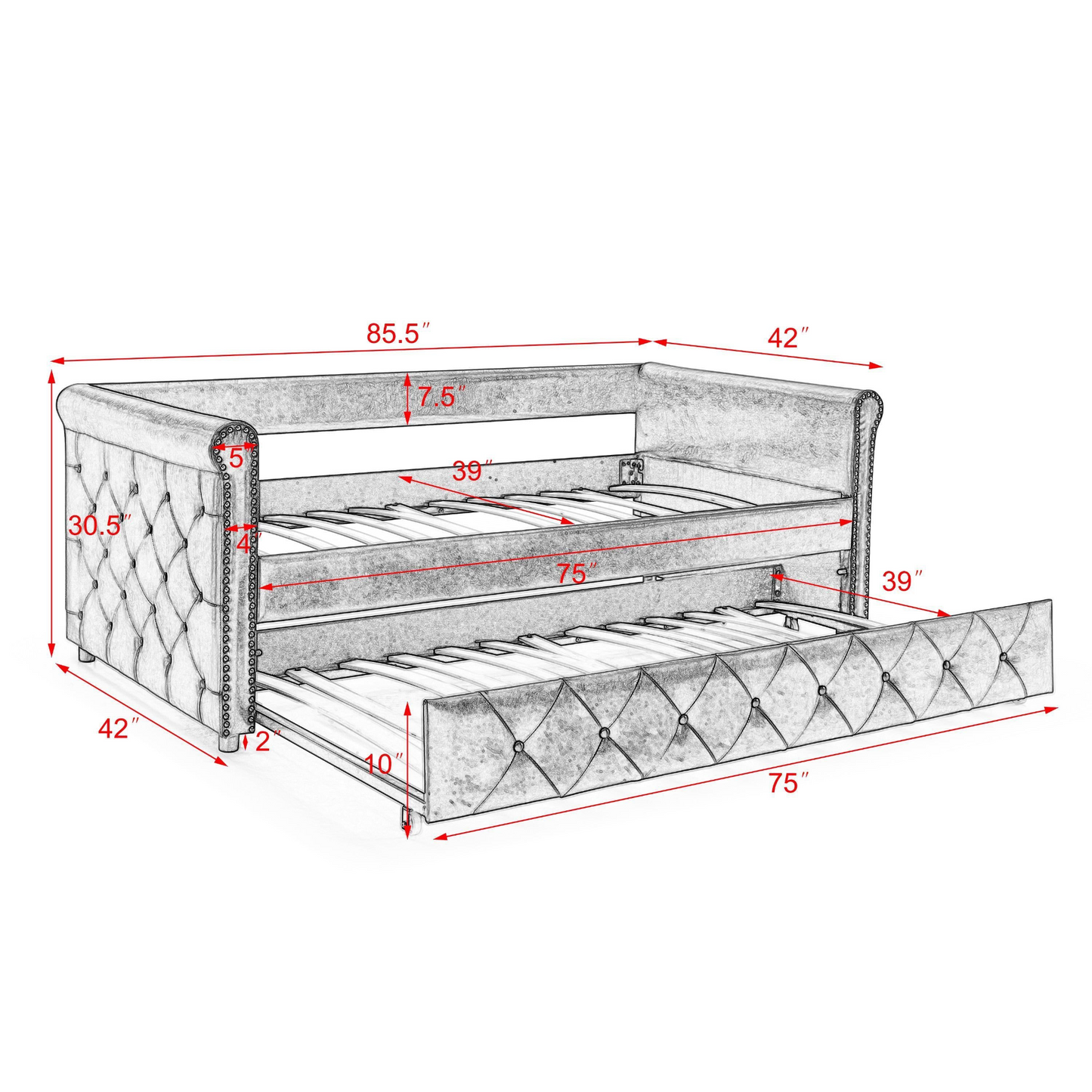 Patio Furntiure Sets | Daybed with Trundle Upholstered Tufted Sofa Bed,with Button and Copper Nail on Arms,both Twin Size,Grey(85.5x42x30.5) | casafoyer.myshopify.com