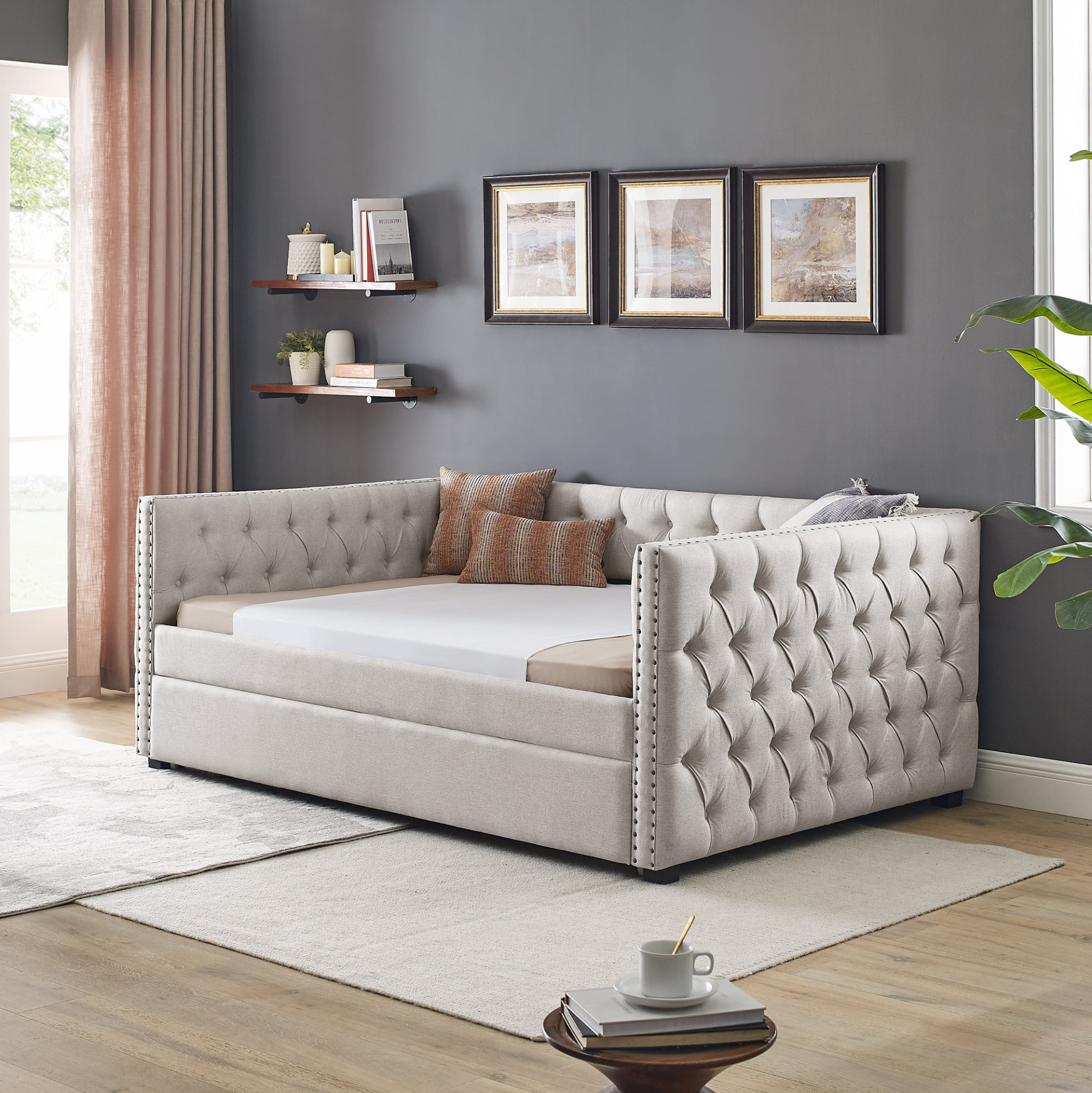 Patio Furntiure Sets | Daybed with Trundle Upholstered Tufted Sofa Bed, with Button and Copper Nail on Square Arms,Full Daybed & Twin Trundle, Beige(85x57x31.5) | casafoyer.myshopify.com