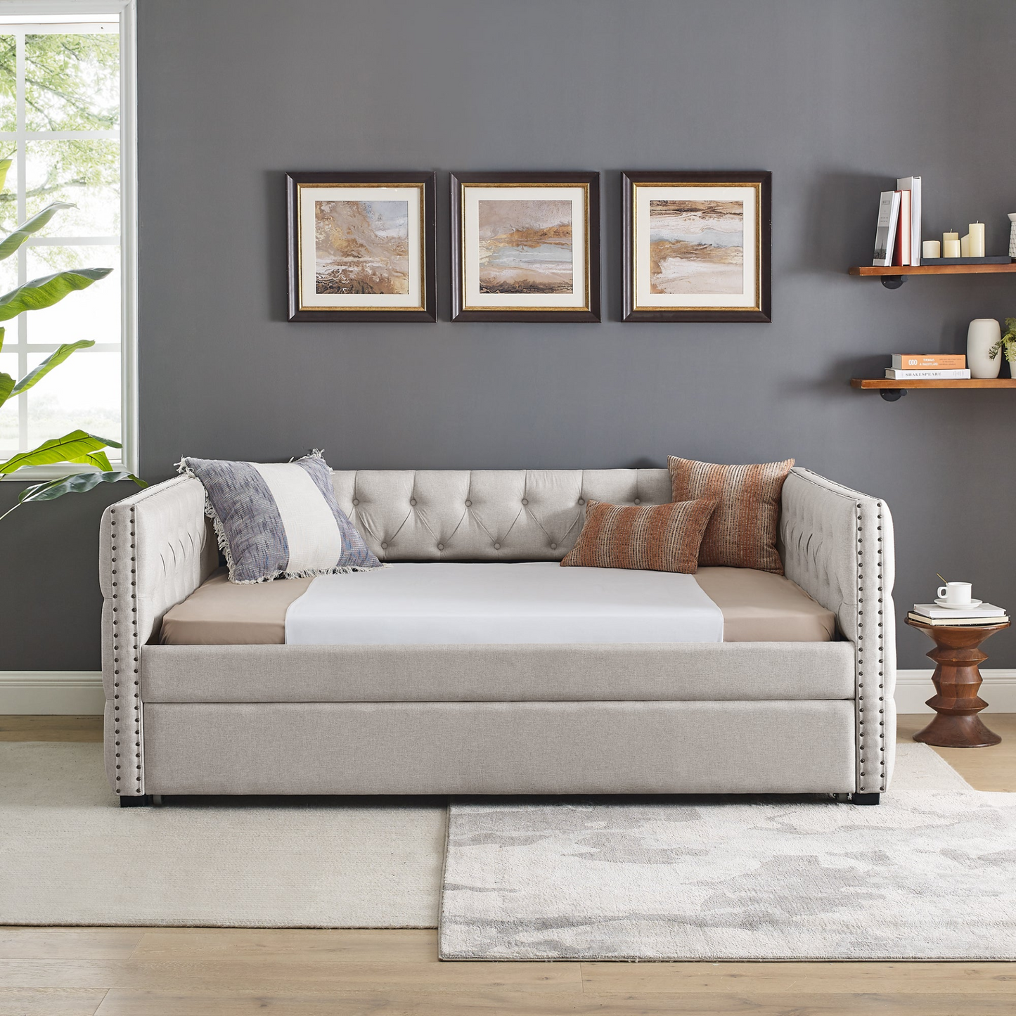 Patio Furntiure Sets | Daybed with Trundle Upholstered Tufted Sofa Bed, with Button and Copper Nail on Square Arms,Full Daybed & Twin Trundle, Beige(85x57x31.5) | casafoyer.myshopify.com