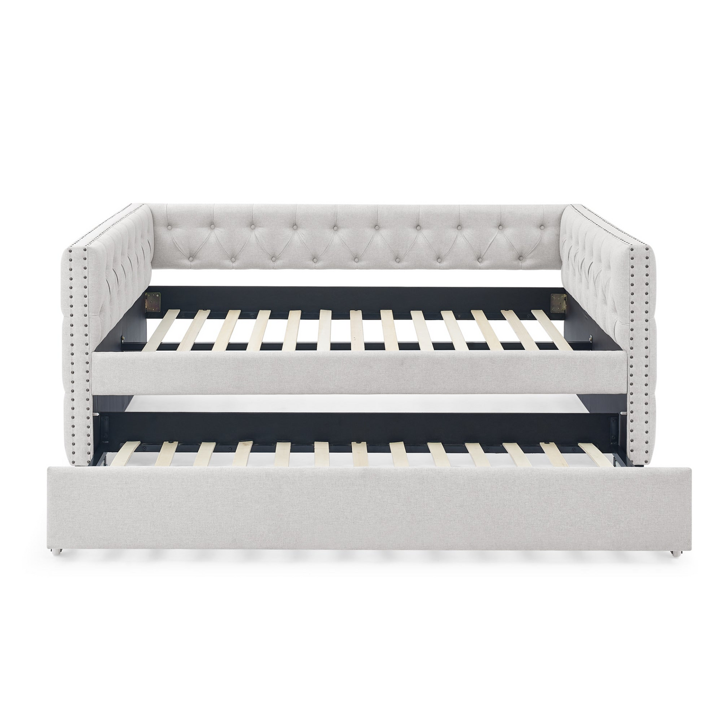 Patio Furntiure Sets | Daybed with Trundle Upholstered Tufted Sofa Bed, with Button and Copper Nail on Square Arms,Full Daybed & Twin Trundle, Beige(85x57x31.5) | casafoyer.myshopify.com