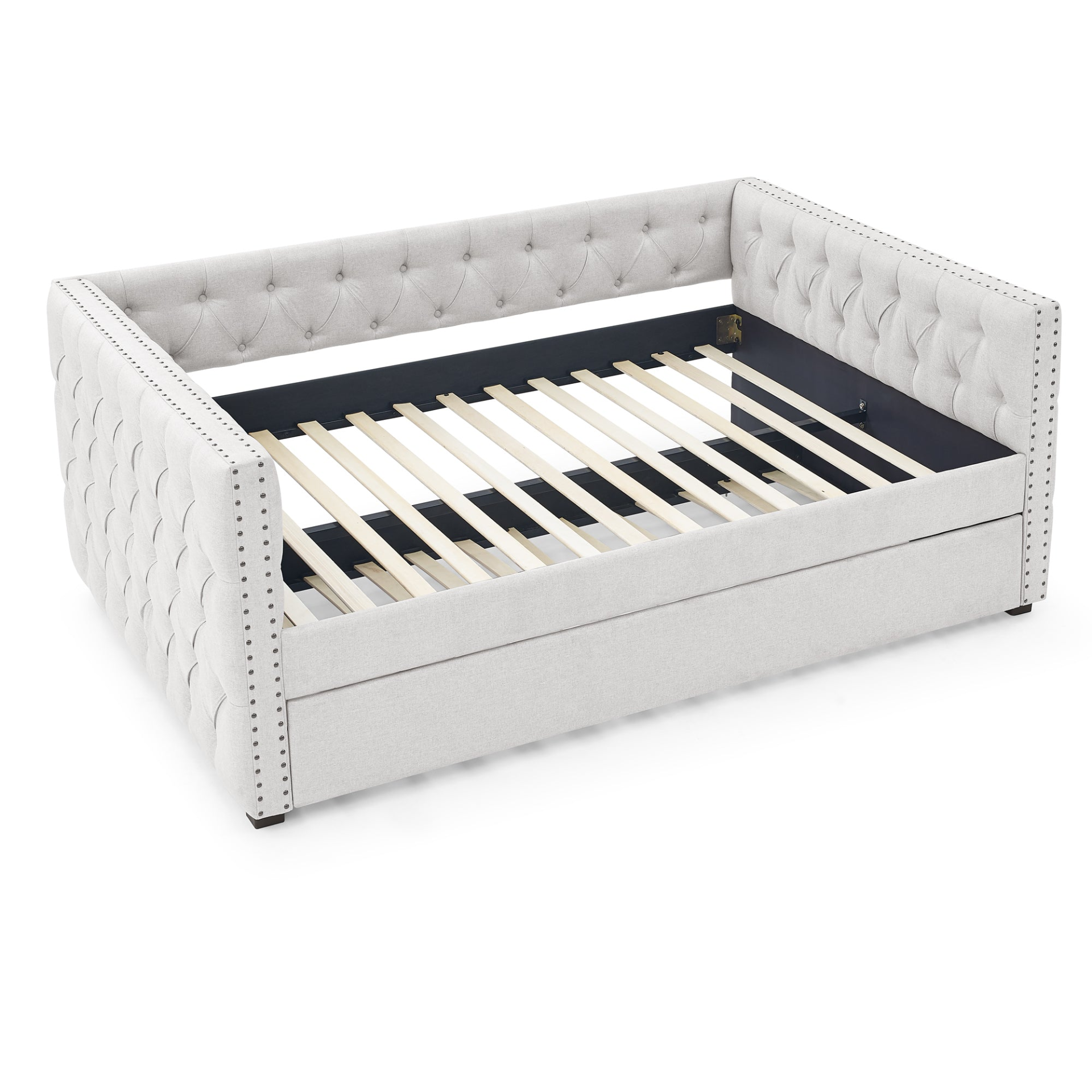 Patio Furntiure Sets | Daybed with Trundle Upholstered Tufted Sofa Bed, with Button and Copper Nail on Square Arms,Full Daybed & Twin Trundle, Beige(85x57x31.5) | casafoyer.myshopify.com