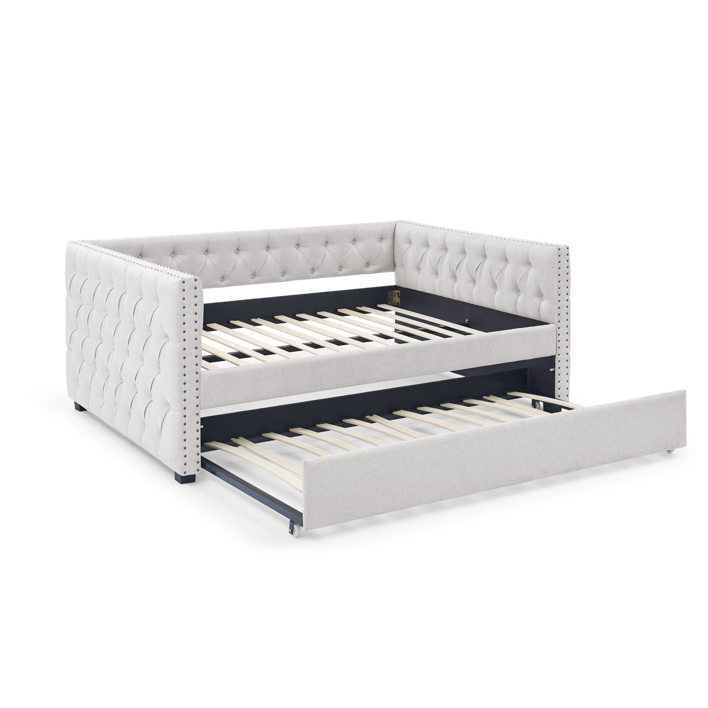 Patio Furntiure Sets | Daybed with Trundle Upholstered Tufted Sofa Bed, with Button and Copper Nail on Square Arms,Full Daybed & Twin Trundle, Beige(85x57x31.5) | casafoyer.myshopify.com