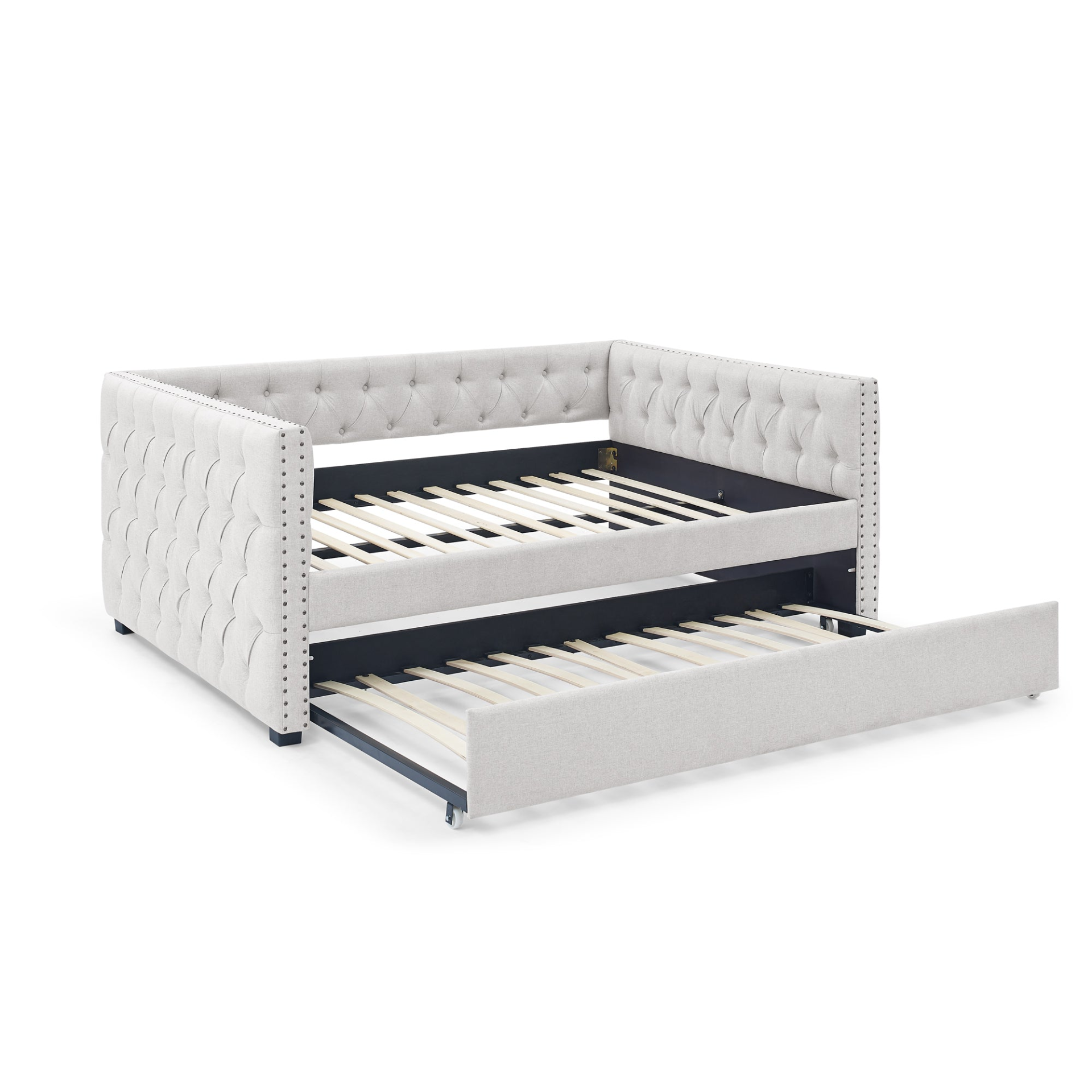 Patio Furntiure Sets | Daybed with Trundle Upholstered Tufted Sofa Bed, with Button and Copper Nail on Square Arms,Full Daybed & Twin Trundle, Beige(85x57x31.5) | casafoyer.myshopify.com