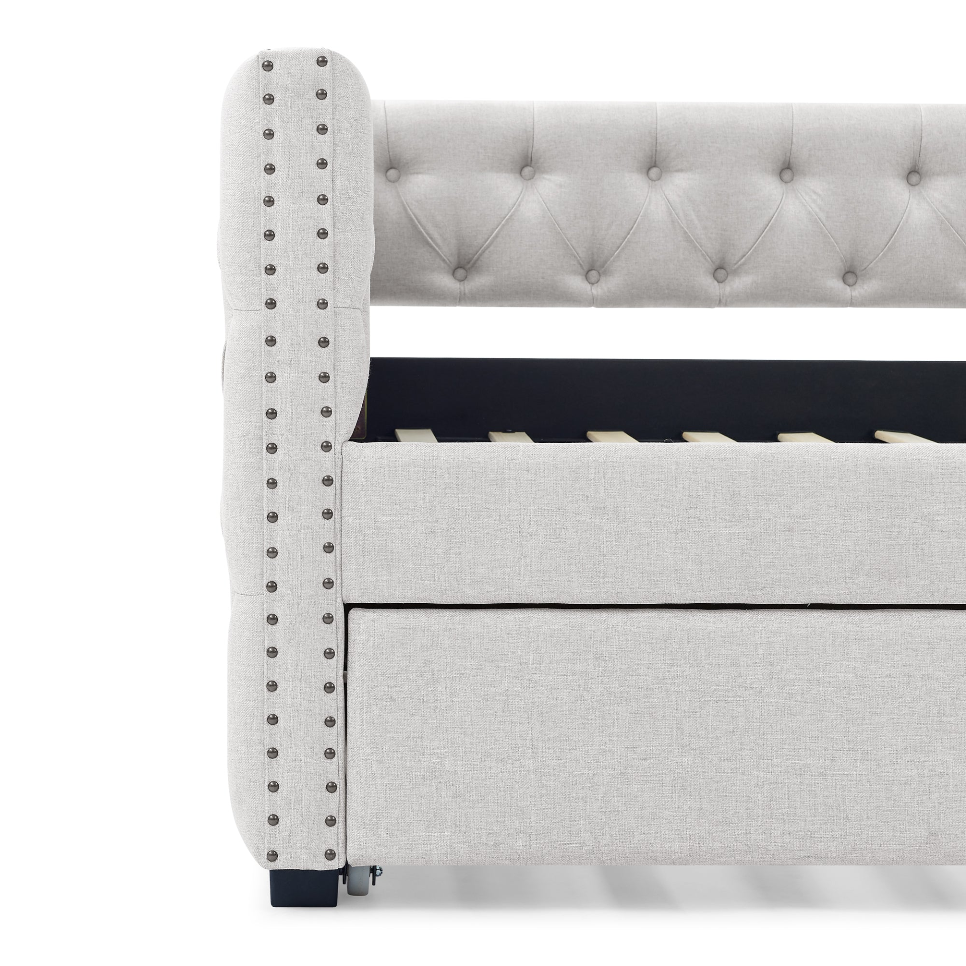 Patio Furntiure Sets | Daybed with Trundle Upholstered Tufted Sofa Bed, with Button and Copper Nail on Square Arms,Full Daybed & Twin Trundle, Beige(85x57x31.5) | casafoyer.myshopify.com