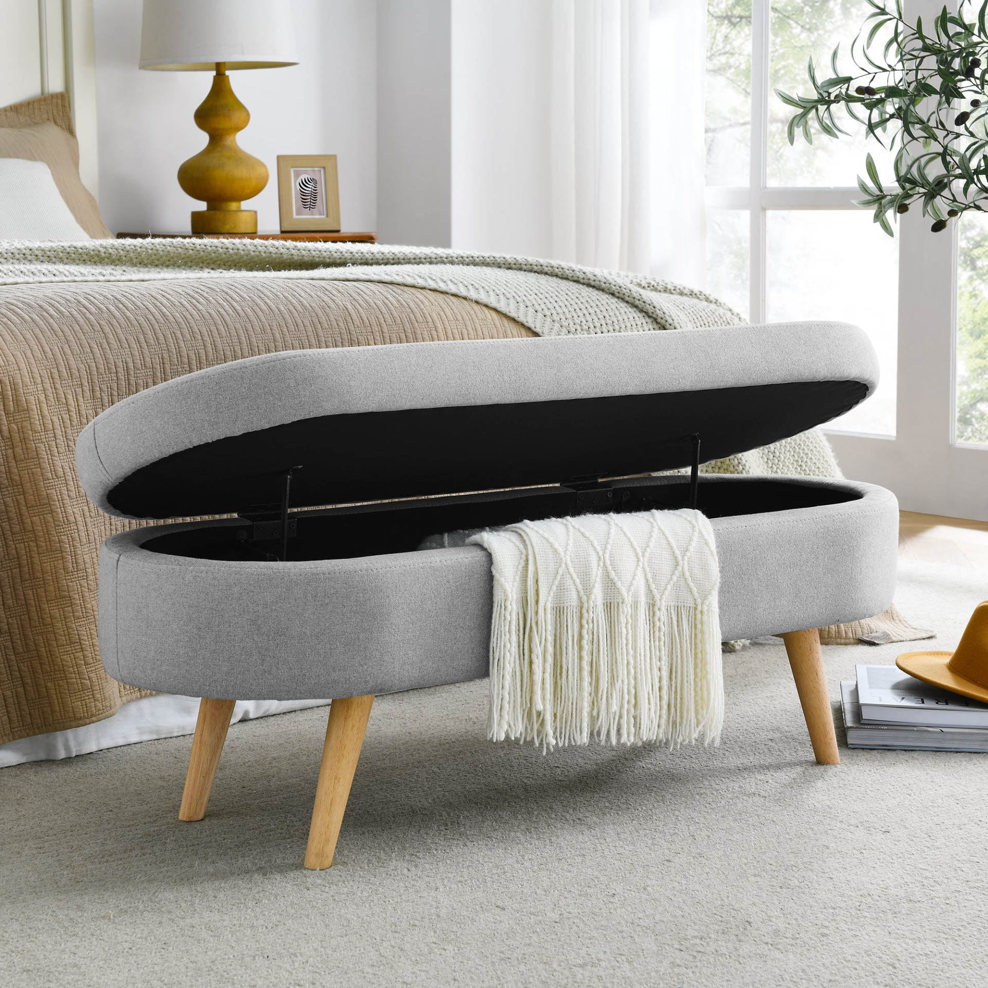 OTTOMAN | Ottoman Oval Storage Bench, Rubber Wood Legs, Grey(43.5inchx16inchx16inch) | casafoyer.myshopify.com