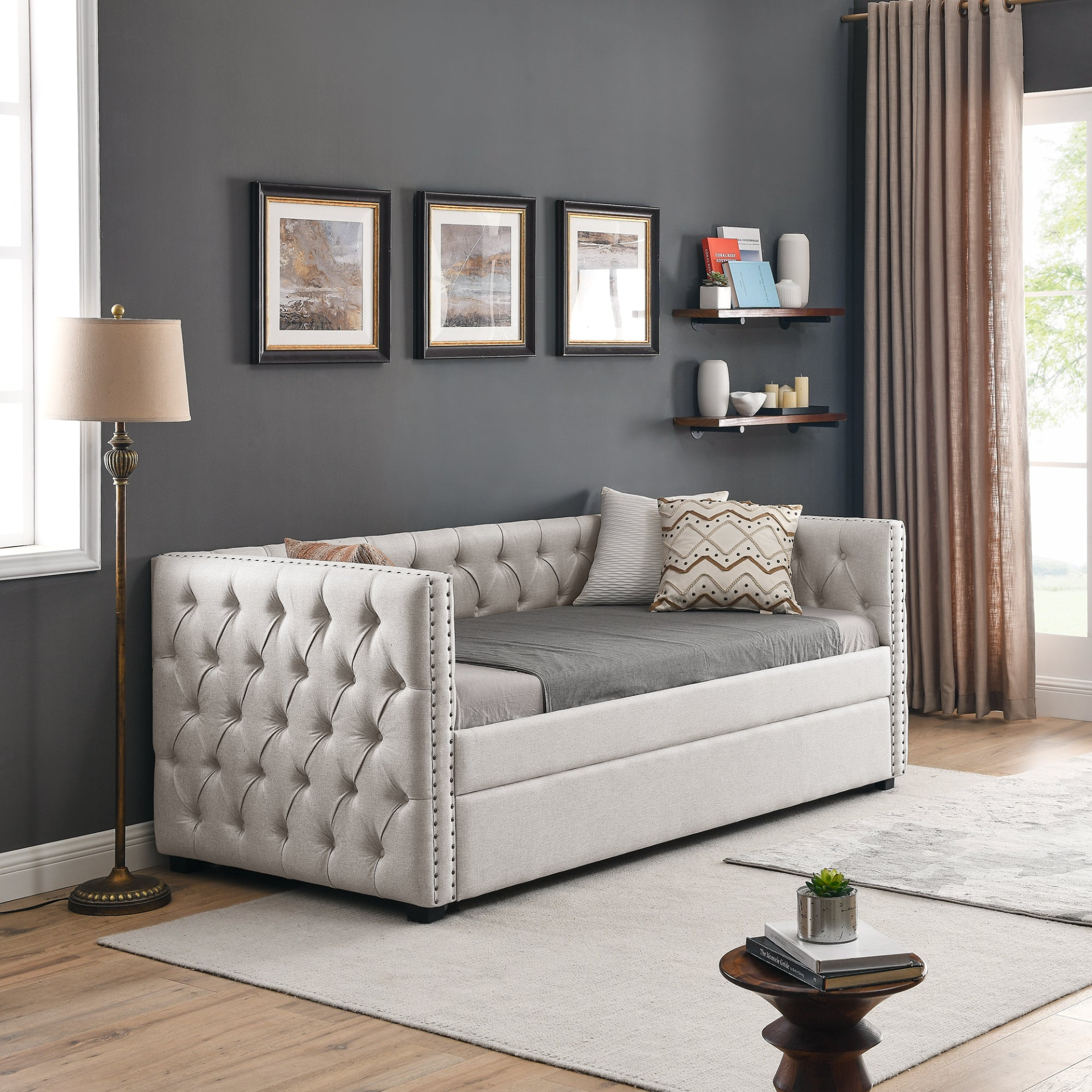 Patio Furntiure Sets | Daybed with Trundle Upholstered Tufted Sofa Bed - Twin Size Beige | casafoyer.myshopify.com