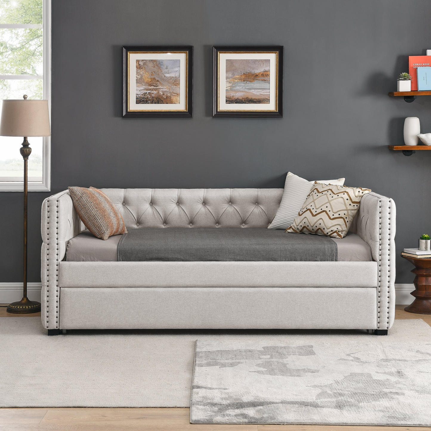 Patio Furntiure Sets | Daybed with Trundle Upholstered Tufted Sofa Bed - Twin Size Beige | casafoyer.myshopify.com