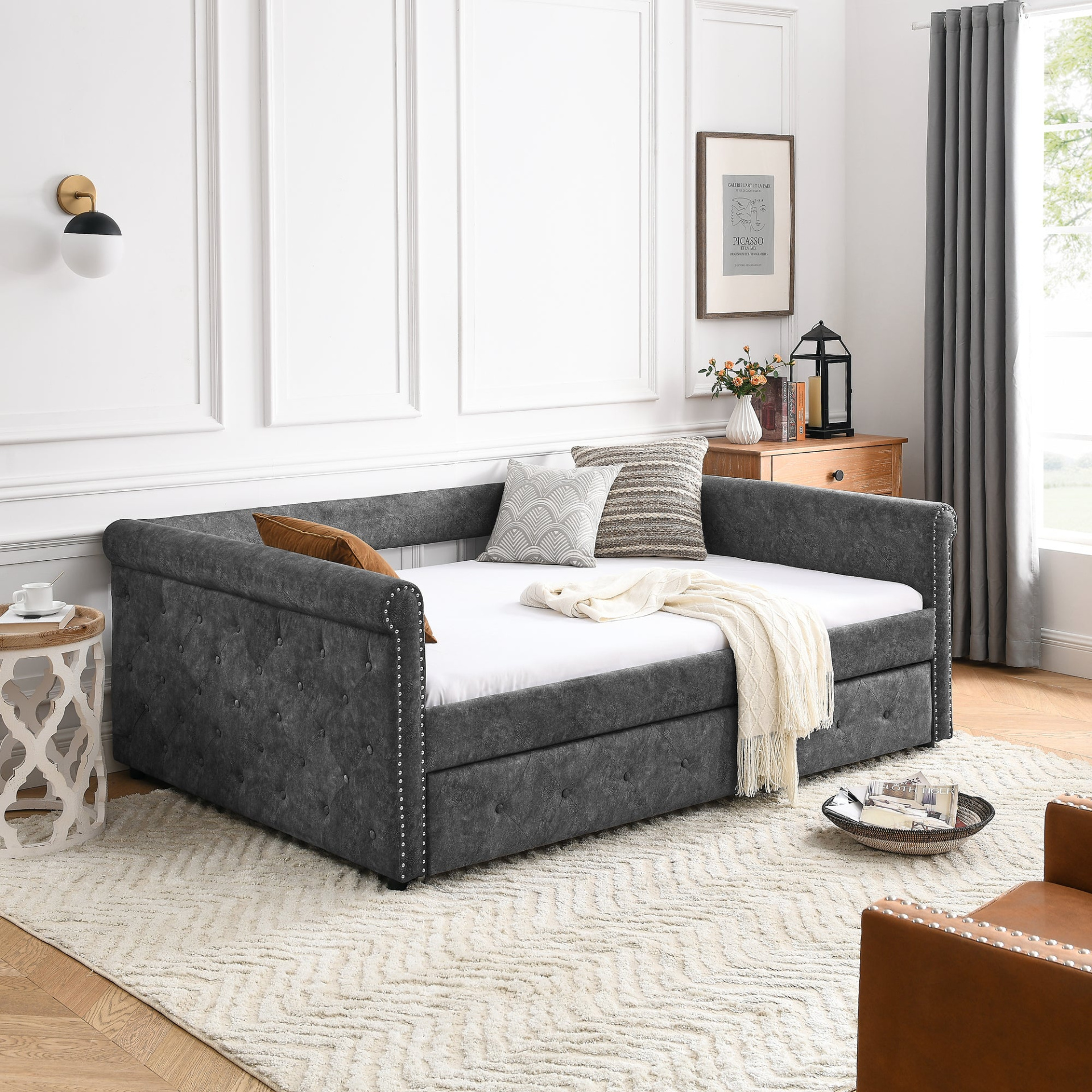 Patio Furntiure Sets | Daybed with Trundle Upholstered Tufted Sofa Bed, Grey (85.5"x57"x30.5") | casafoyer.myshopify.com