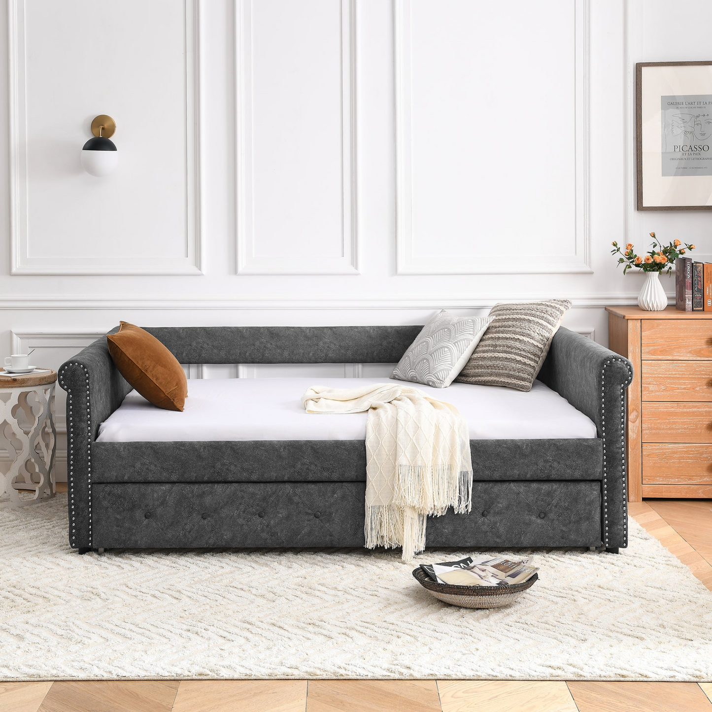 Patio Furntiure Sets | Daybed with Trundle Upholstered Tufted Sofa Bed, Grey (85.5"x57"x30.5") | casafoyer.myshopify.com