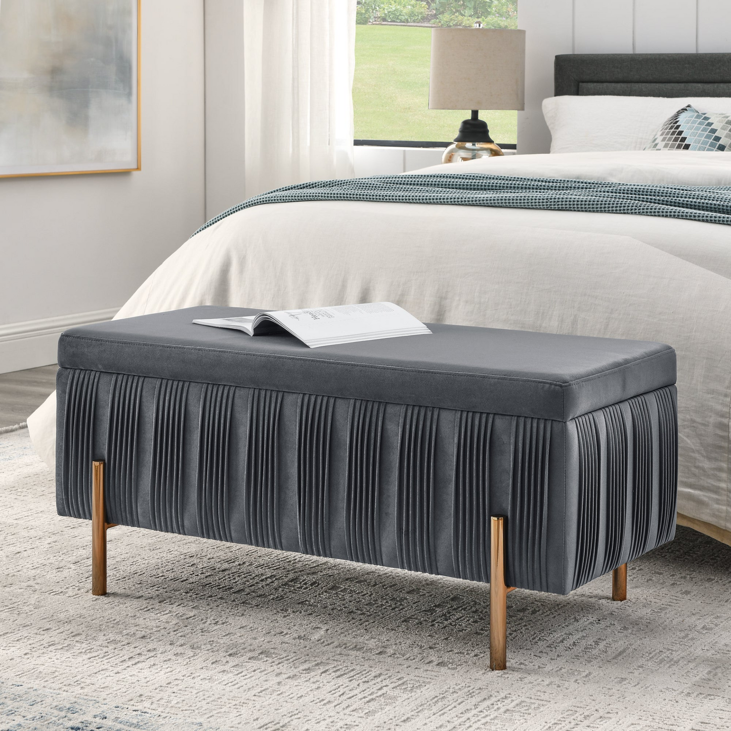 OTTOMAN | Elegant Upholstered Velvet Storage Bench with Cedar Wood Veneer, Large Storage Ottoman | casafoyer.myshopify.com