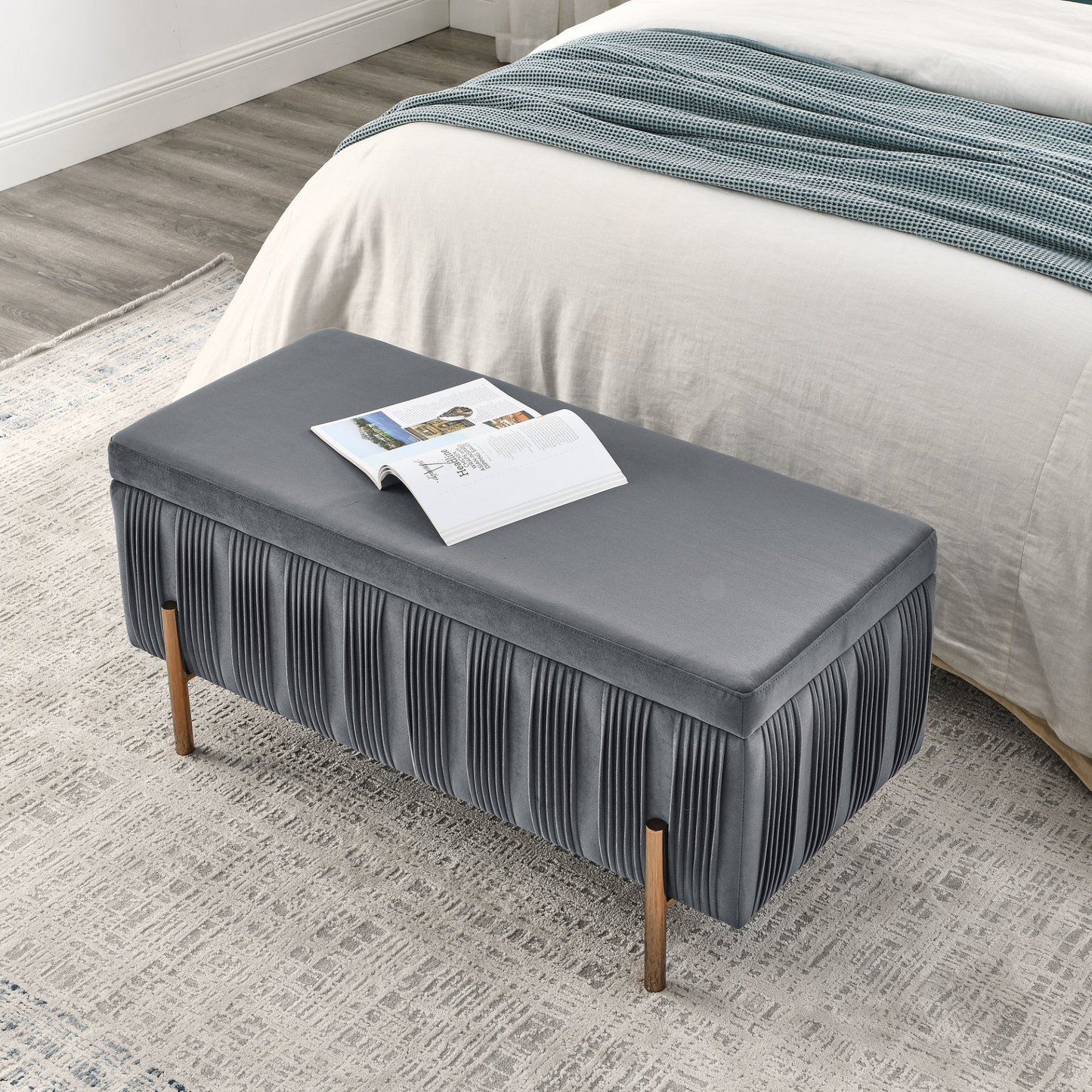 OTTOMAN | Elegant Upholstered Velvet Storage Bench with Cedar Wood Veneer, Large Storage Ottoman | casafoyer.myshopify.com