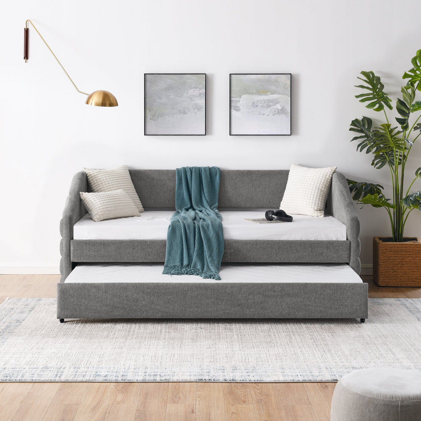 Patio Furntiure Sets | Twin Size Daybed with Trundle Upholstered Tufted Sofa Bed, Linen Fabric, Grey | casafoyer.myshopify.com