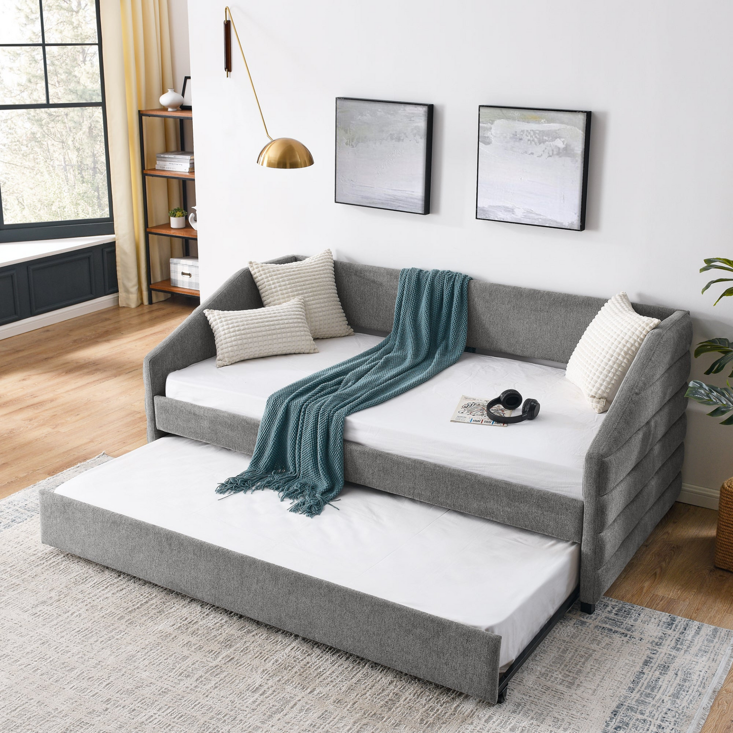 Patio Furntiure Sets | Twin Size Daybed with Trundle Upholstered Tufted Sofa Bed, Linen Fabric, Grey | casafoyer.myshopify.com