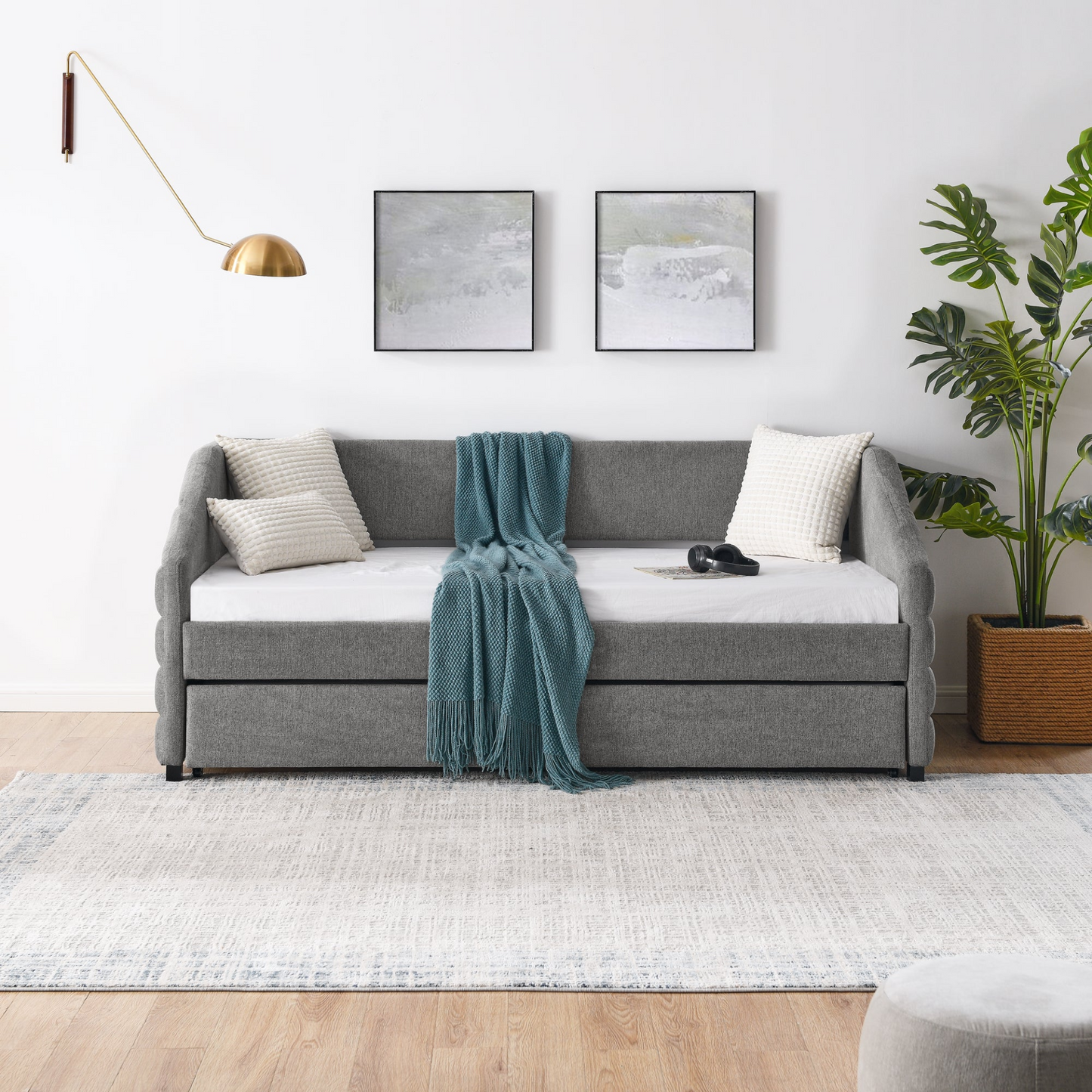 Patio Furntiure Sets | Twin Size Daybed with Trundle Upholstered Tufted Sofa Bed, Linen Fabric, Grey | casafoyer.myshopify.com