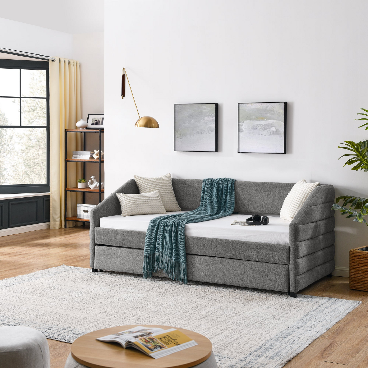 Patio Furntiure Sets | Twin Size Daybed with Trundle Upholstered Tufted Sofa Bed, Linen Fabric, Grey | casafoyer.myshopify.com