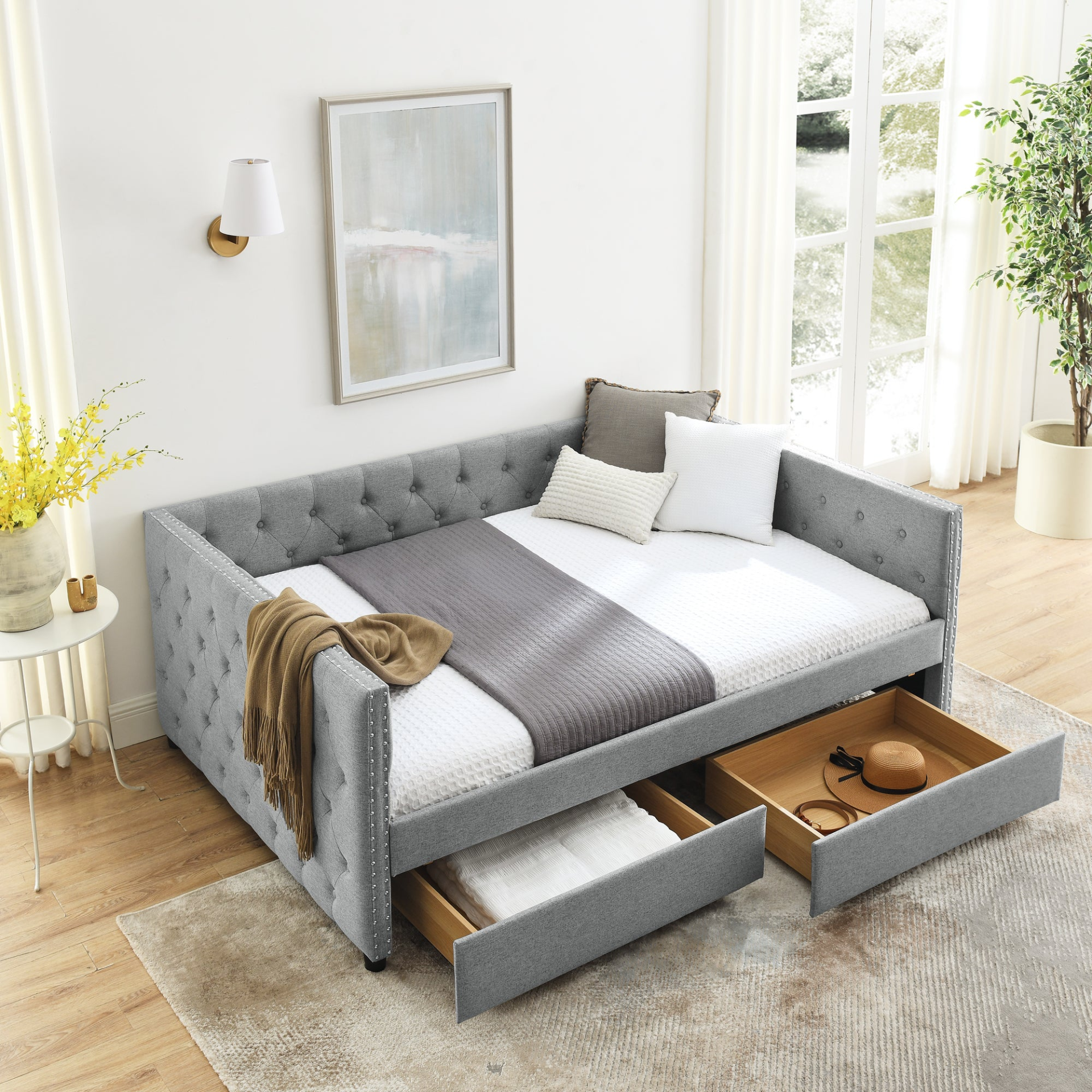 Patio Furntiure Sets | Upholstered Full Size Daybed with Two Drawers, with Button and Copper Nail on Square Arms, Grey (82.75''x58''x30.75'') | casafoyer.myshopify.com