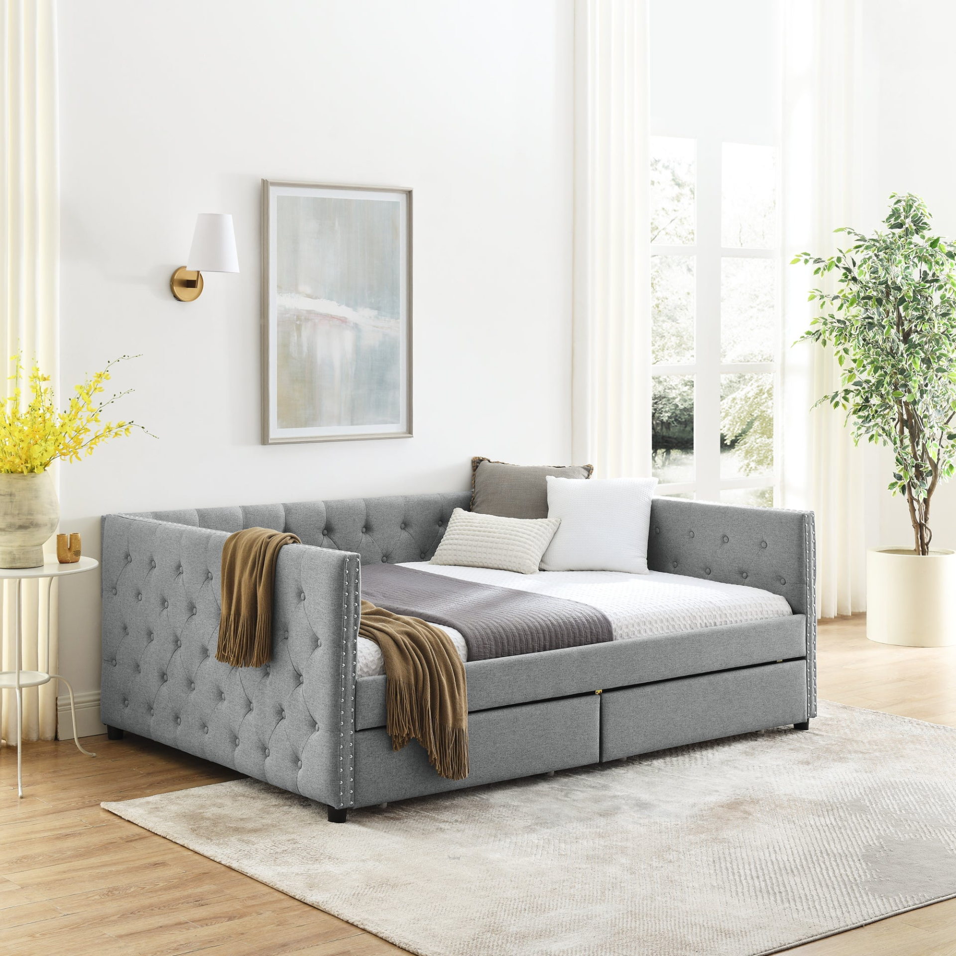 Patio Furntiure Sets | Upholstered Full Size Daybed with Two Drawers, with Button and Copper Nail on Square Arms, Grey (82.75''x58''x30.75'') | casafoyer.myshopify.com