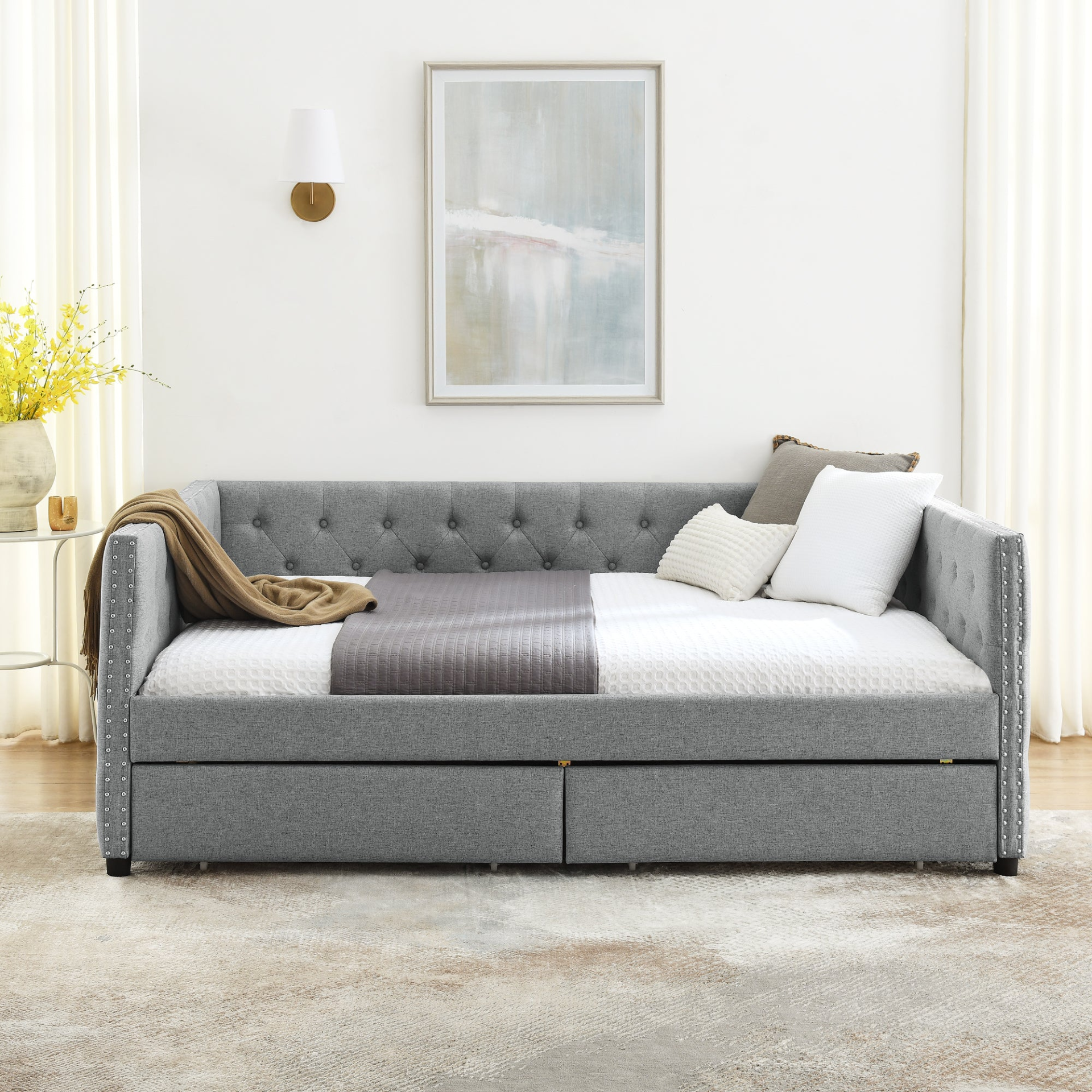 Patio Furntiure Sets | Upholstered Full Size Daybed with Two Drawers, with Button and Copper Nail on Square Arms, Grey (82.75''x58''x30.75'') | casafoyer.myshopify.com